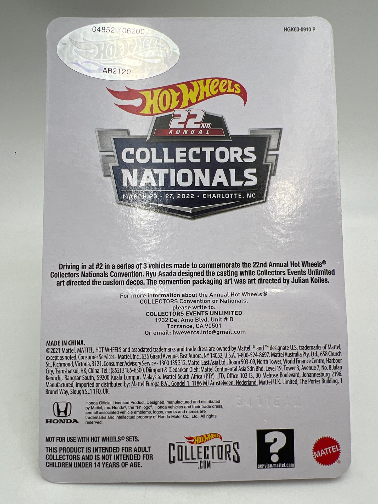 2022 Hot Wheels 22nd Annual Collectors Nationals #4852/6200 Honda S2000 Red W/Protector