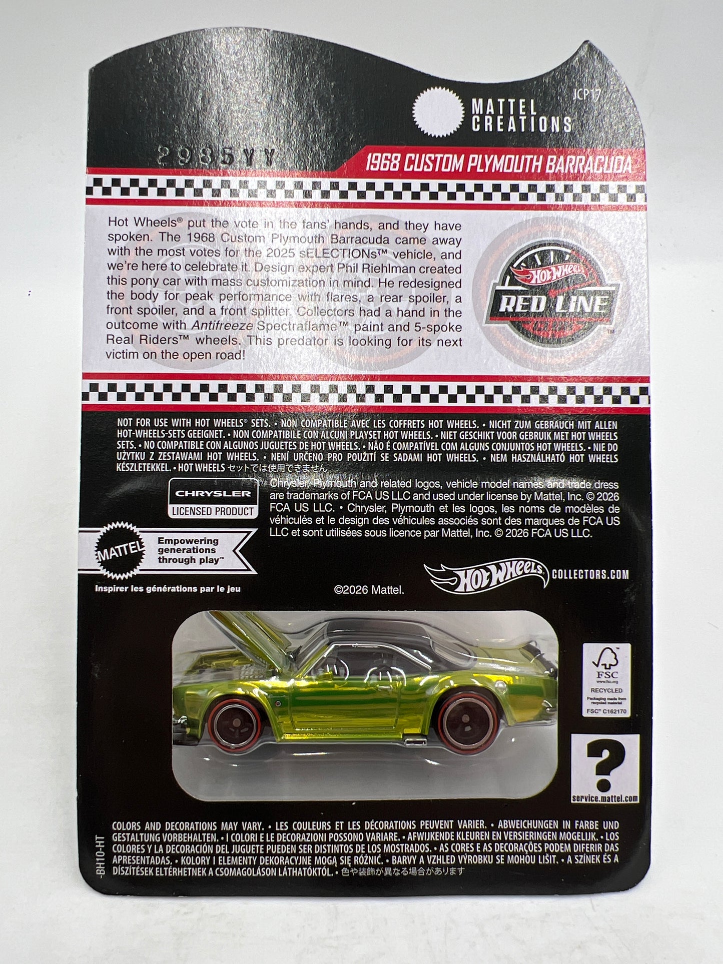 2025 Hot Wheels RLC sELECTIONs Car 1968 Custom Plymouth Barracuda Antifreeze Green W/Protector