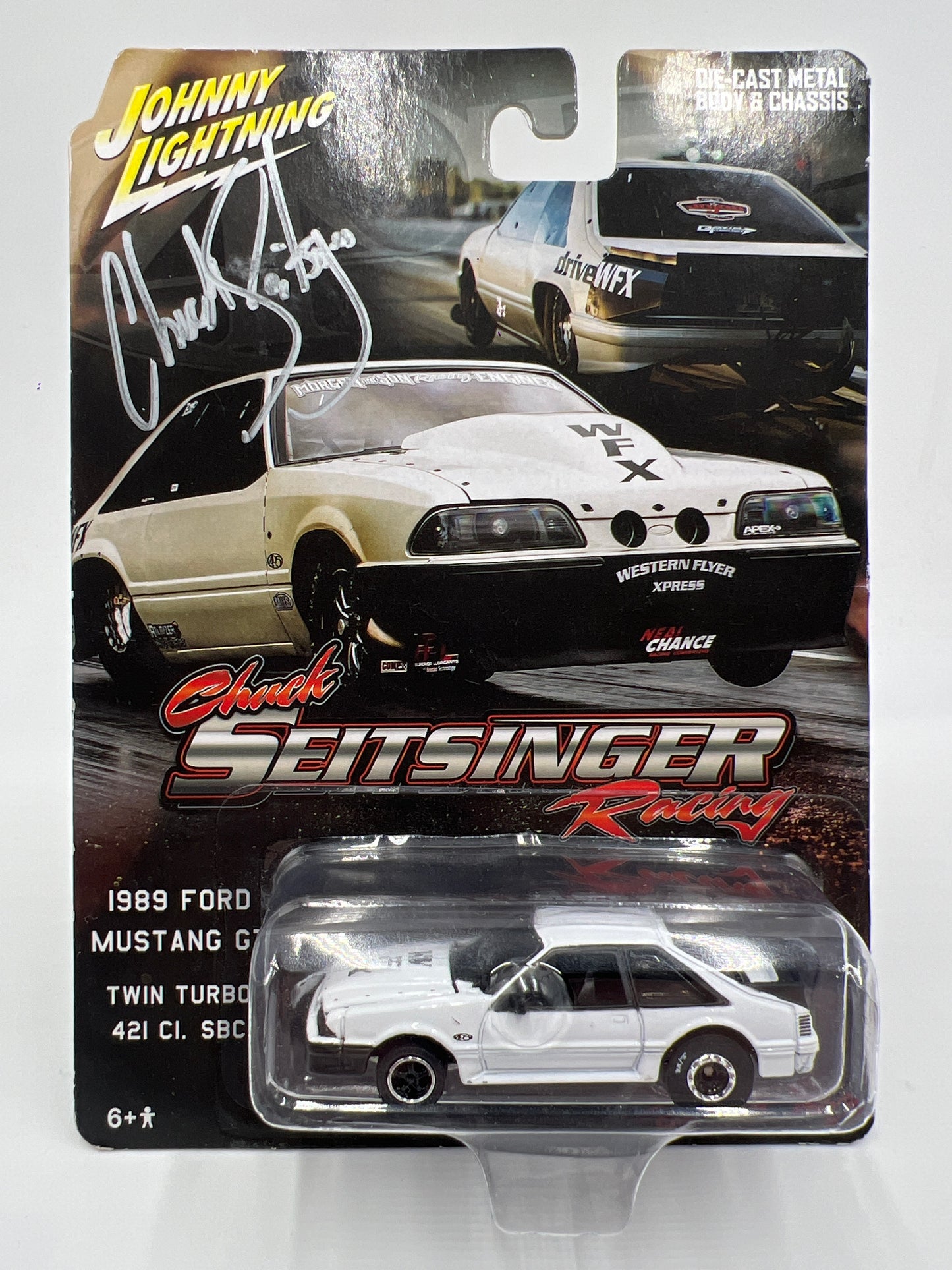Johnny Lightning Street Outlaws SIGNED Chuck Seitsinger 1989 Ford Mustang GT W/Protector