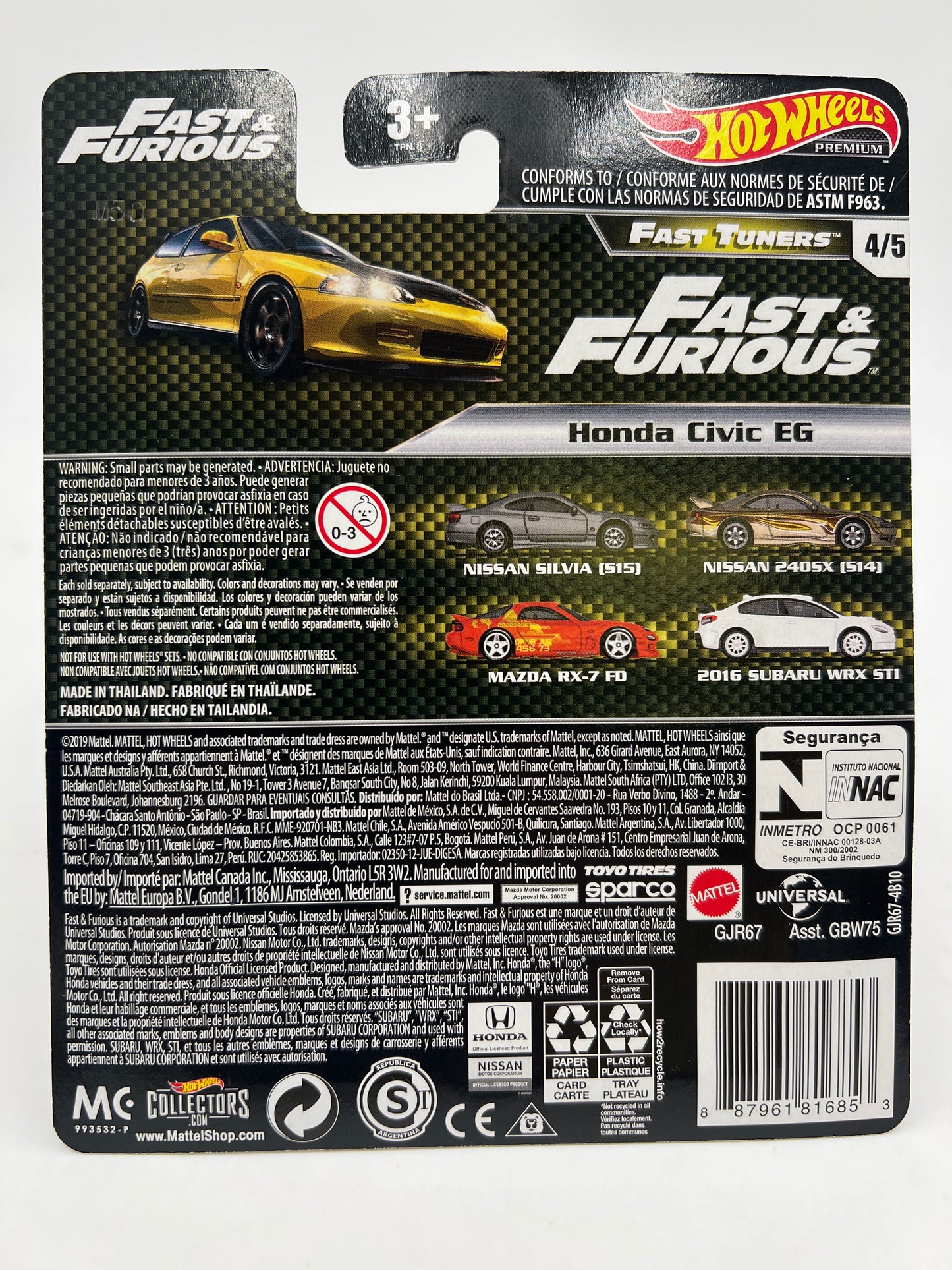 Hot Wheels Fast & Furious Fast Tuners #4 Honda Civic EG Yellow W/Protector