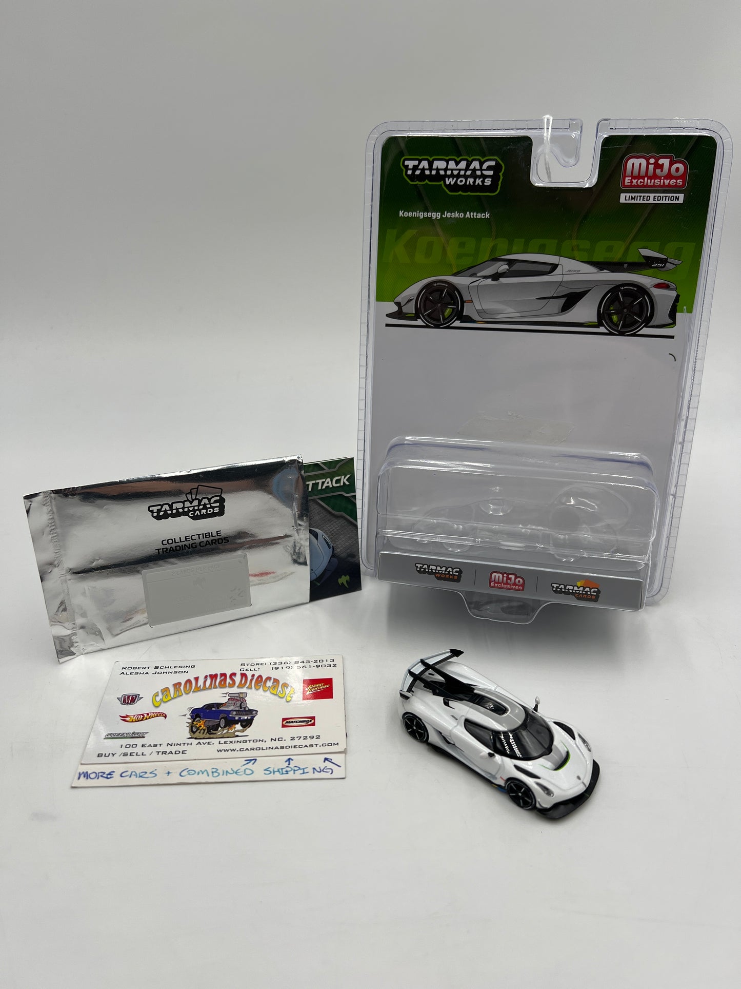 Tarmac Works Mijo Exclusives Koenigsegg Jesko Attack White W/Trading Cards Open Pack