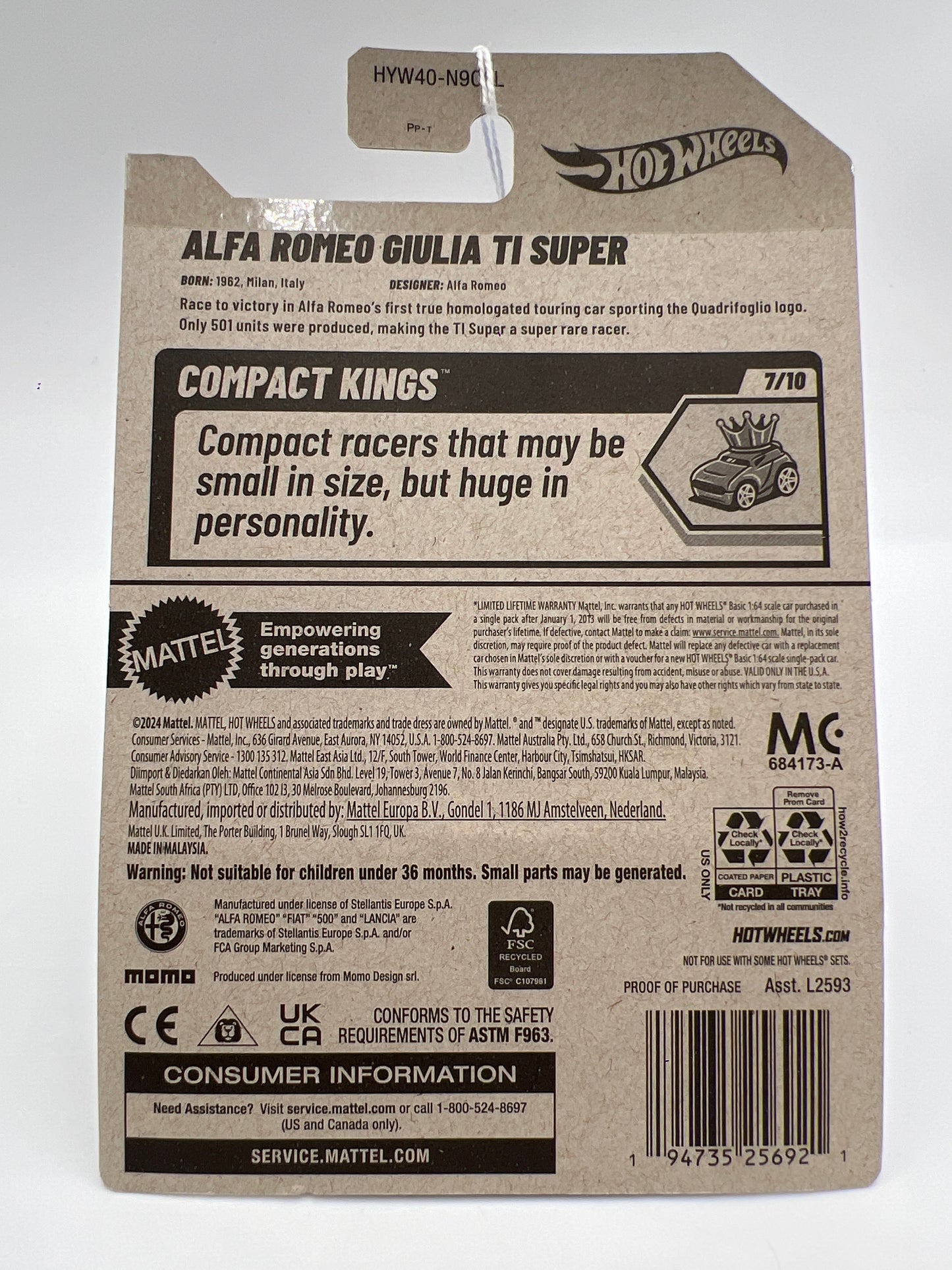 2025 Hot Wheels L Case Compact Kings #195 Alfa Romeo Giulia TI Super Red 67i