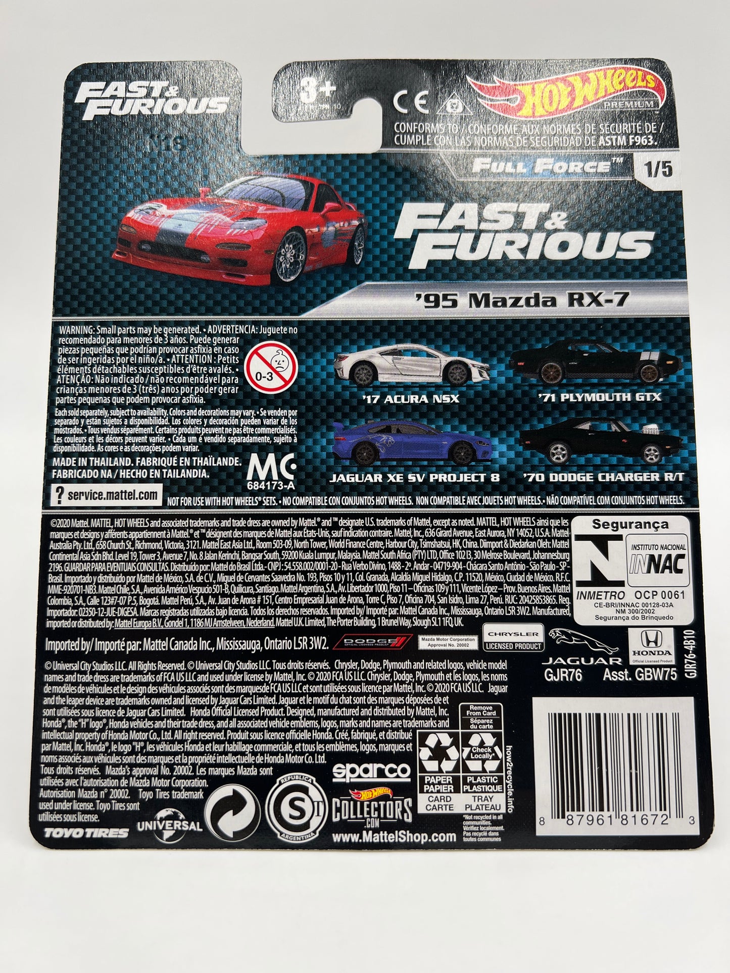 Hot Wheels Fast & Furious Full Force #1 95 Mazda RX-7 Red W/Protector