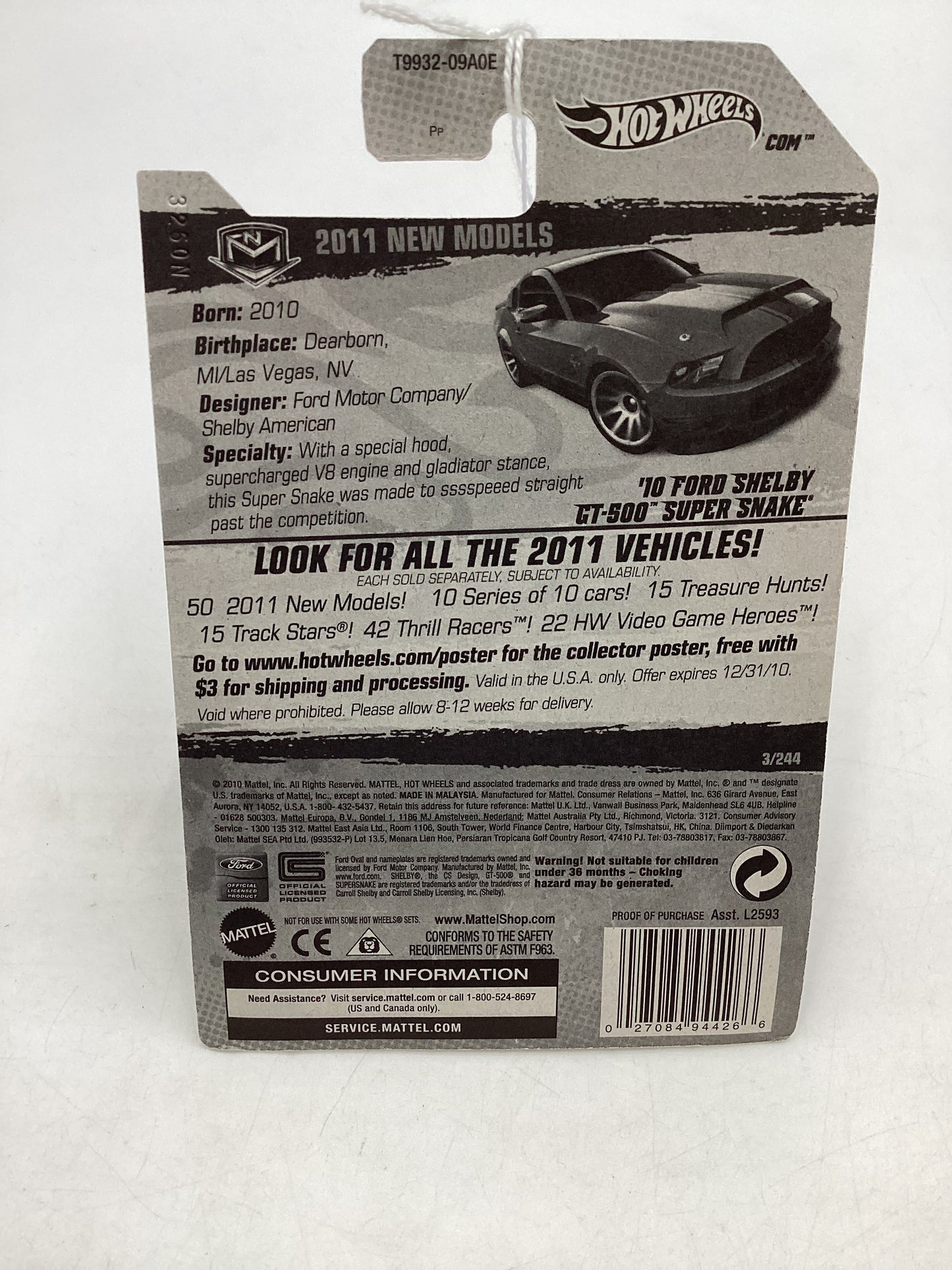 2011 Hot Wheels #3 10 Ford Shelby GT-500 Super Snake Red 25D