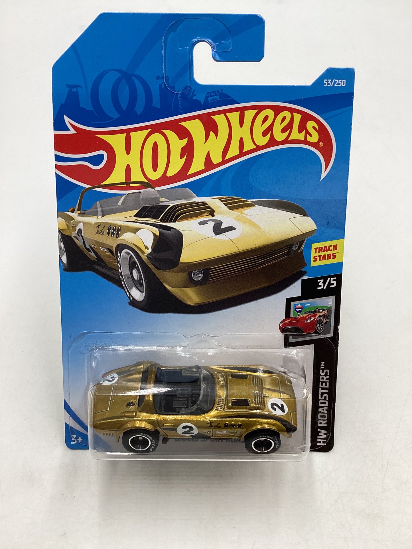 2019 Hot wheels Super treasure hunt #53 Corvette Grand Sport Roadster Gold W/Protector *Crushed Blister*