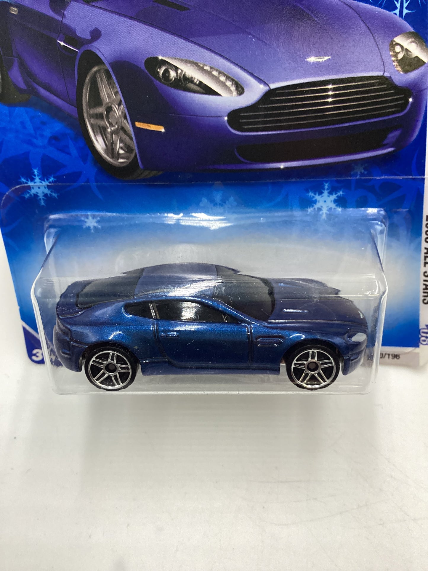 2008 Hot Wheels All Stars #55 Aston Martin V8 Vantage Blue Target Snowflake Card