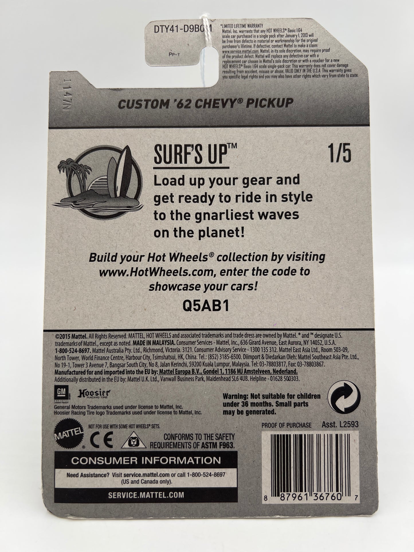 2017 Hot Wheels Surfs Up #255 Custom 62 Chevy Pickup Green 16A