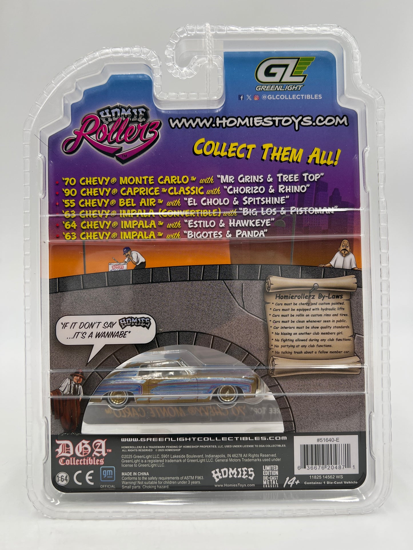 Greenlight x DGA Homie Rollerz CHASE 70 Chevy Monte Carlo Blue/Gold & Mr Grins/Tree Top