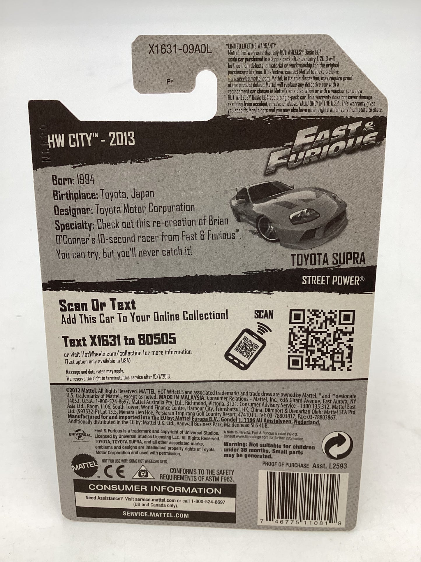 2013 Hot wheels Fast and furious #005 Toyota Supra with protector