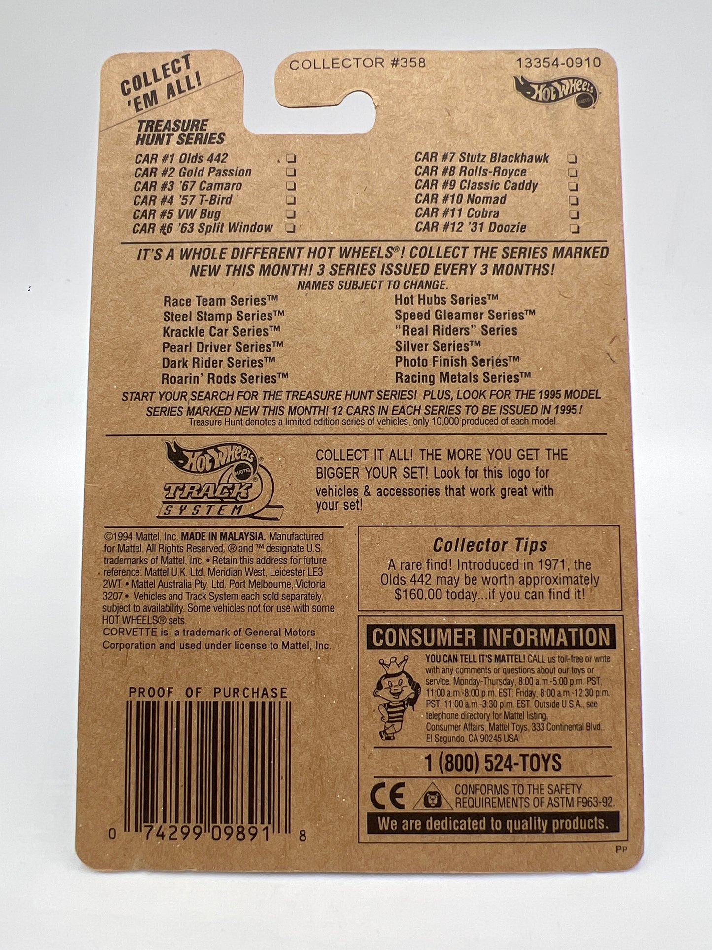 1995 Hot Wheels Treasure Hunt Series #6 Real Riders 63 Split Window Corvette Blue W/Protector