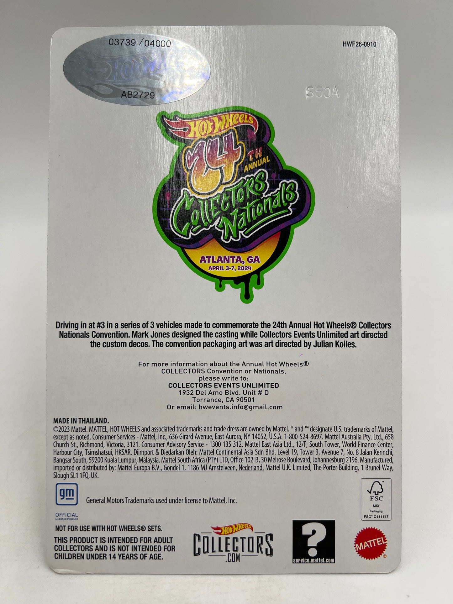 2024 Hot Wheels 24th Annual Collectors Nationals 3739/4000 2018 Copo Camaro SS Blue W/Protector