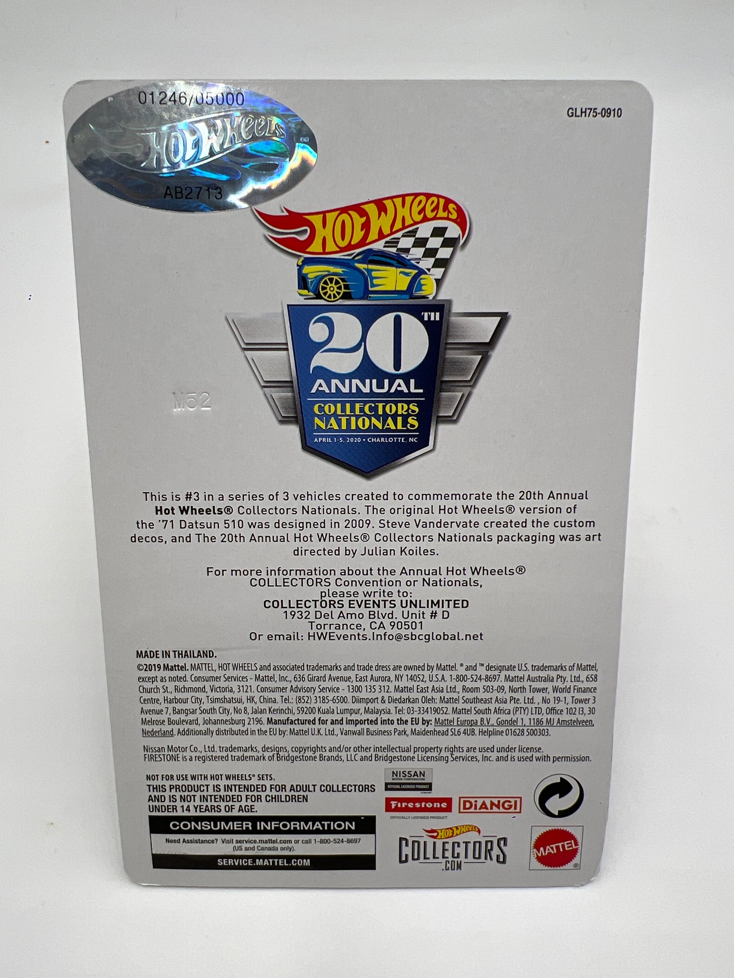 2020 Hot Wheels 20th Annual Collector Nationals 71 Datsun 510 1246/5000 Black W/Protector