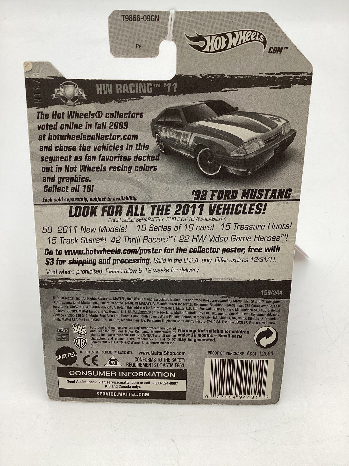 2011 Hot Wheels HW Racing #159 92 Ford Mustang Blue Green Lantern Card 19C