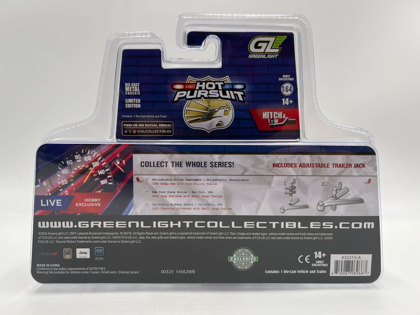 Greenlight Hobby Exclusive Hitch & Tow Hot Pursuit 1990 Dodge Ram D250 W/Utility Trailer 186F