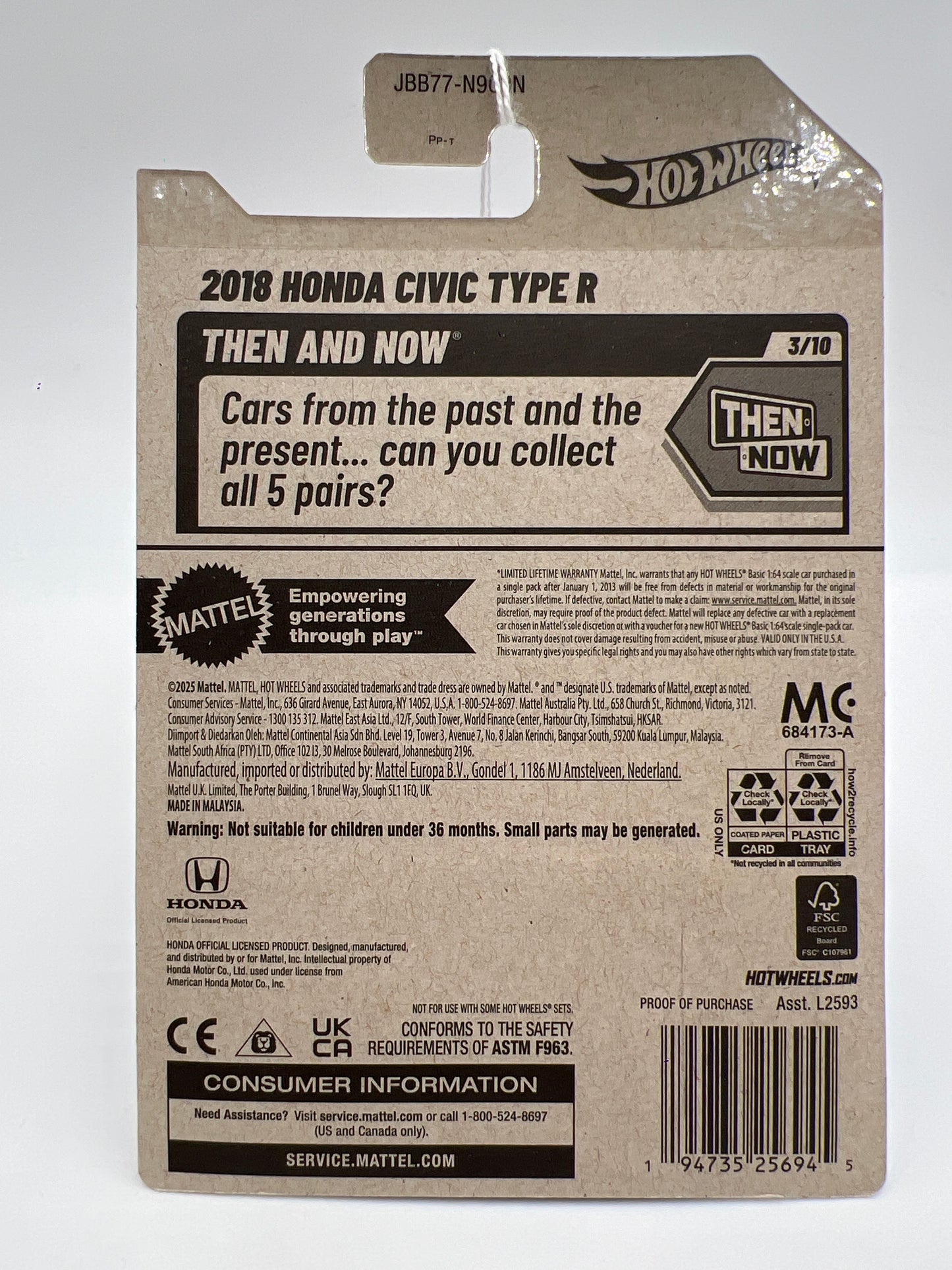 2025 Hot Wheels N Case Then And Now #123 2018 Honda Civic Type R Blue 76F