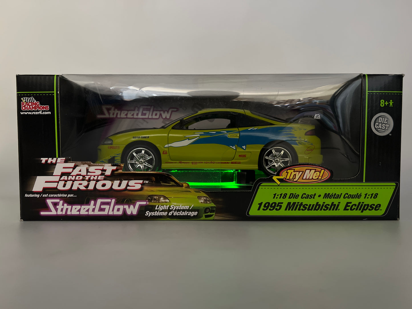Racing Champions 1/18 Fast & Furious Street Glow 1995 Mitsubishi Eclipse Green VHTF Missing Mirror
