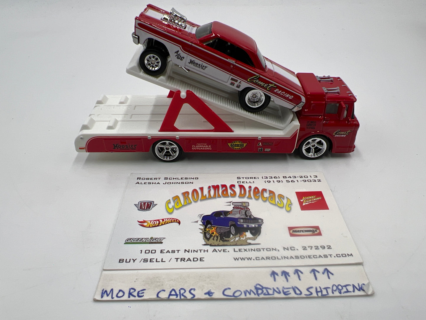 Hot Wheels 1/64 Premium Team Transport #28 65 Mercury Comet Cyclone & Ford C-800 Red Loose