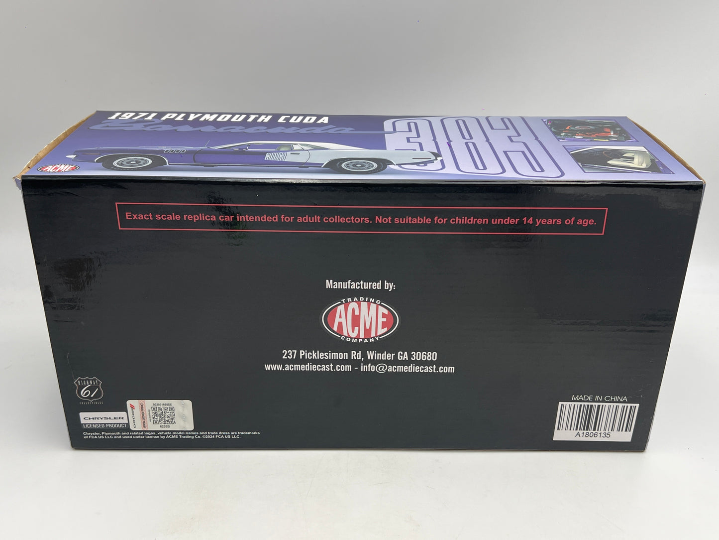 Acme 1:18 Scale 1 Of Only 350 Made 1971 Plymouth 383 Cuda Purple W/Box VHTF