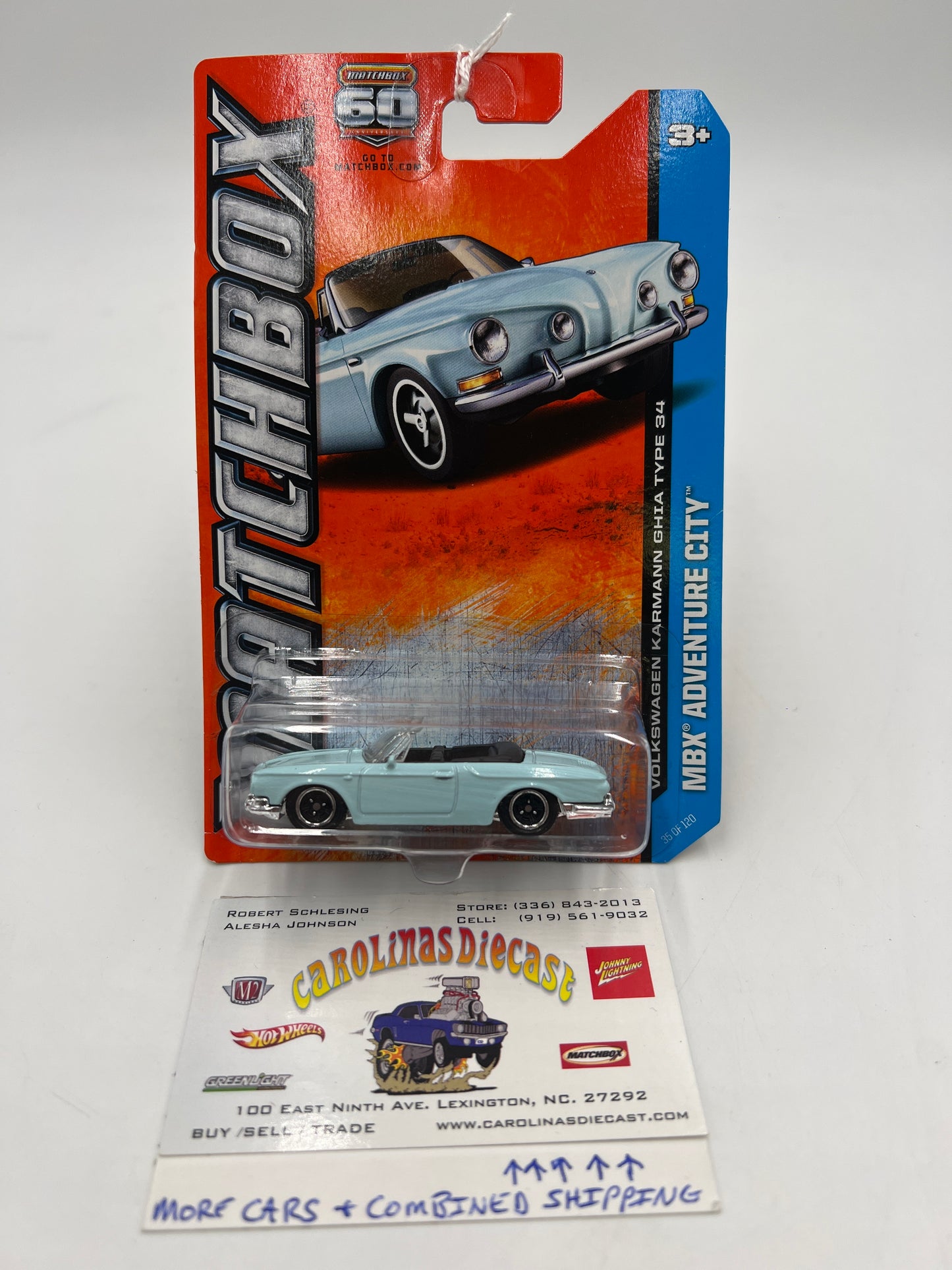 Matchbox #35 2013 MBX Adventure City Volkswagen Karmann Ghia Type 34 Light Blue 95G