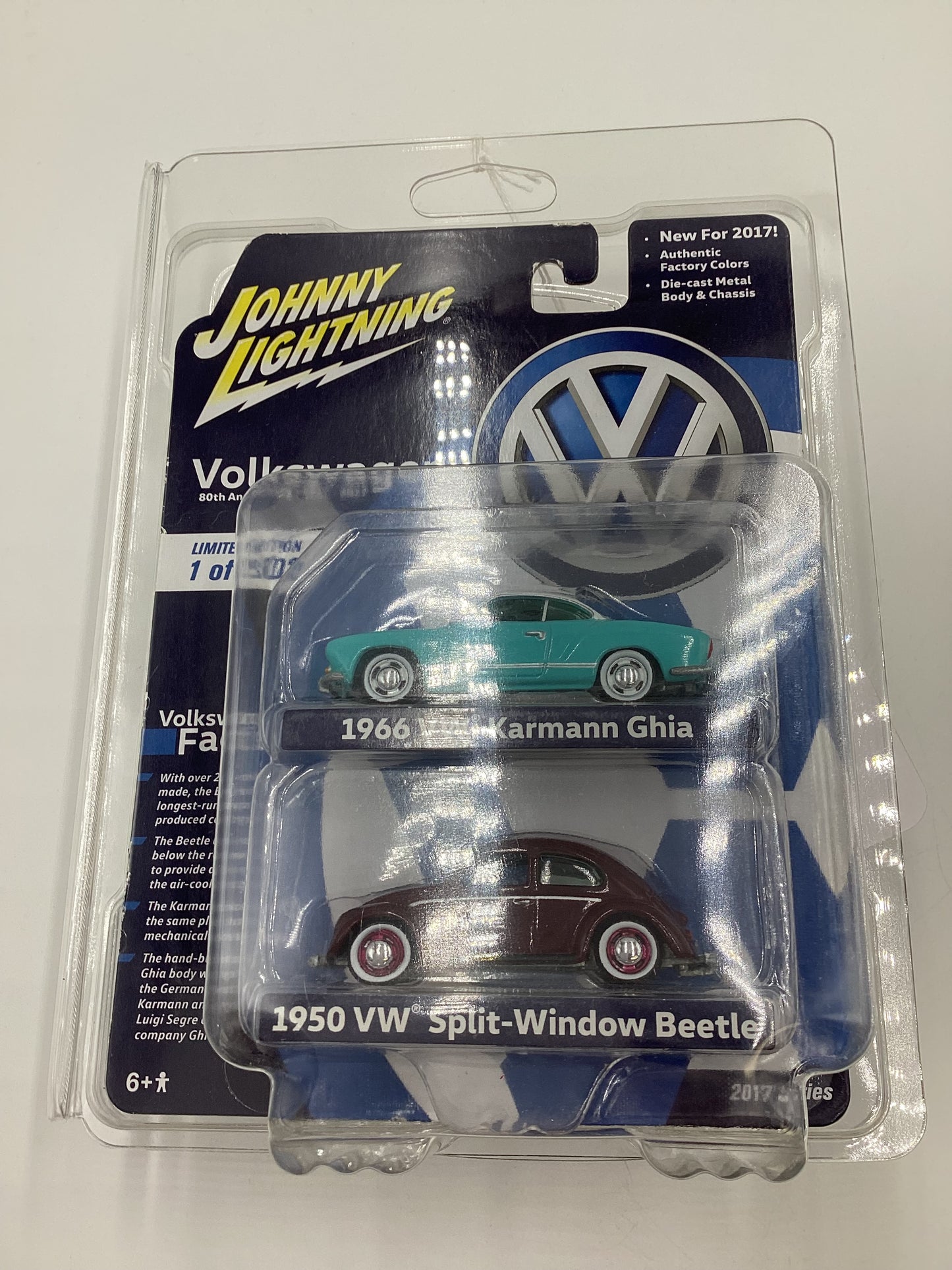 Johnny Lightning 2 Pack 1/2502 1966 VW Karmann Ghia Light Blue 1950 VW Split Window Beetle Maroon with protector