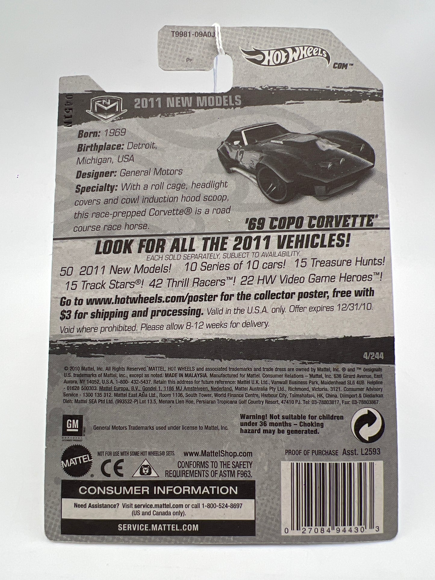 2011 Hot Wheels New Models #4 69 Copo Corvette Black Walmart Exclusive Windshield Banner 237B
