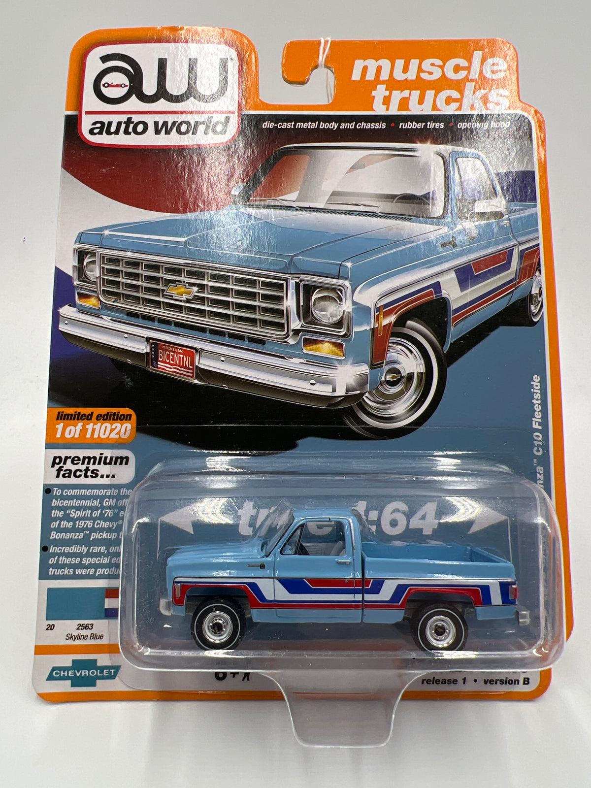 Auto World Muscle Trucks Release 1 Version B 1976 Chevy Bonanza C10 Fleetside Light Blue Spirit Of 76 Edition 182D