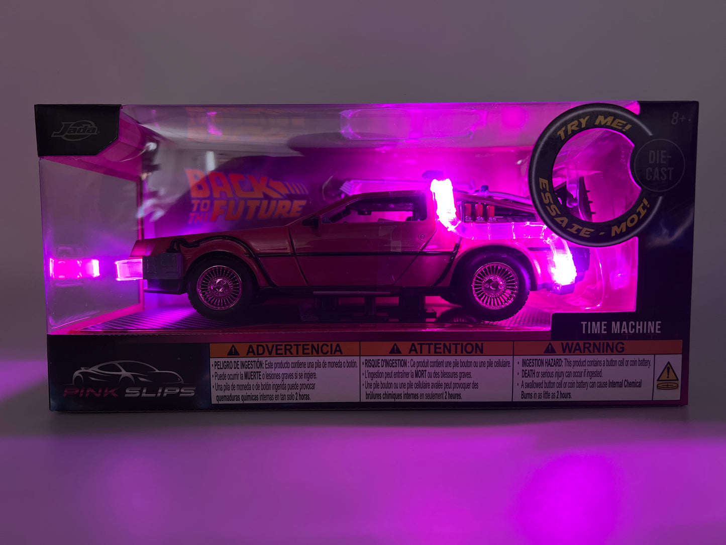 Jada Pink Slips 1/24 Scale CHASE Back To The Future Time Machine DeLorean Pink W/Working Lights