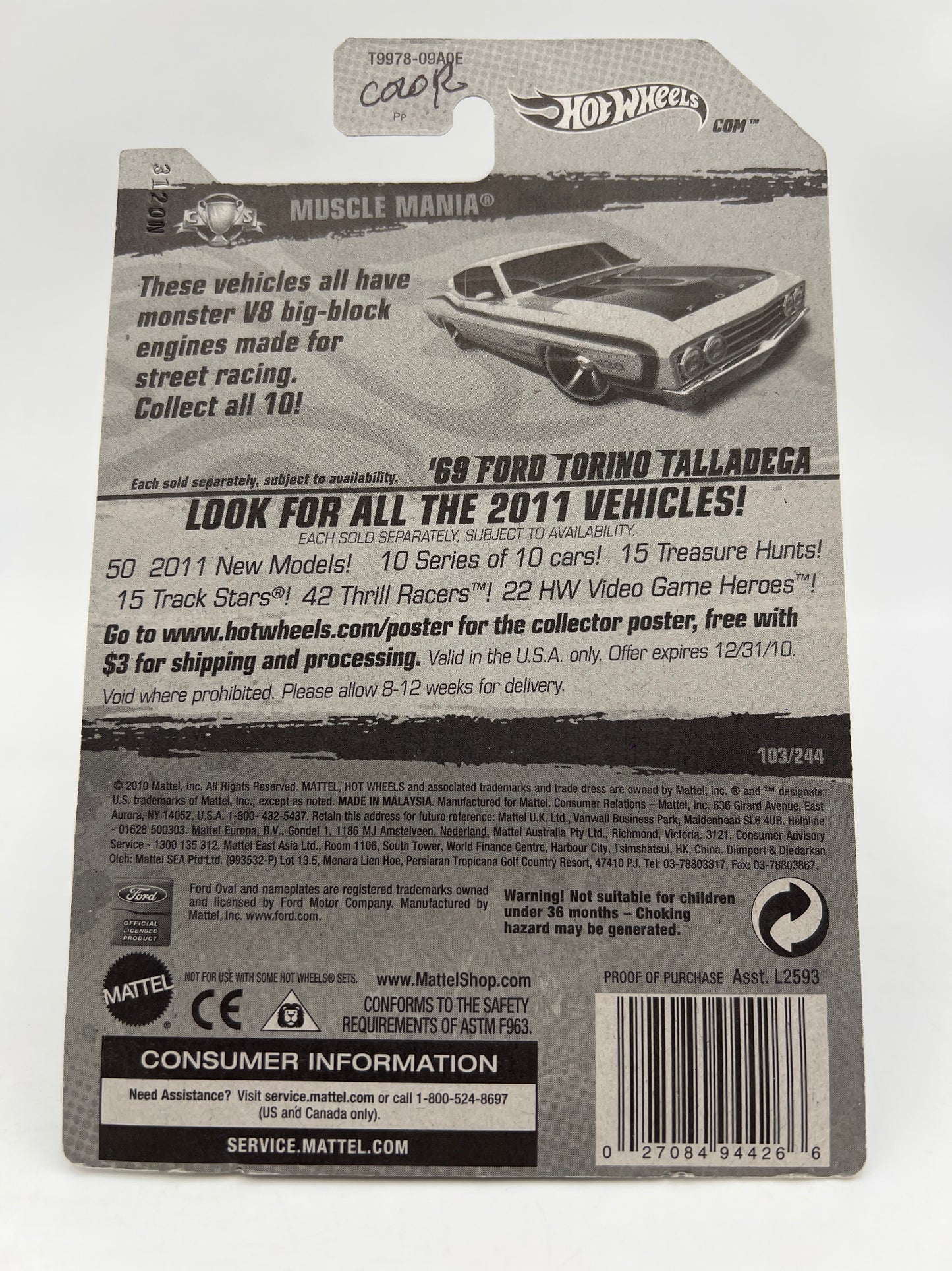 2011 Hot Wheels Muscle Mania #103 69 Ford Torino Talladega Yellow Walmart Exclusive W/Protector