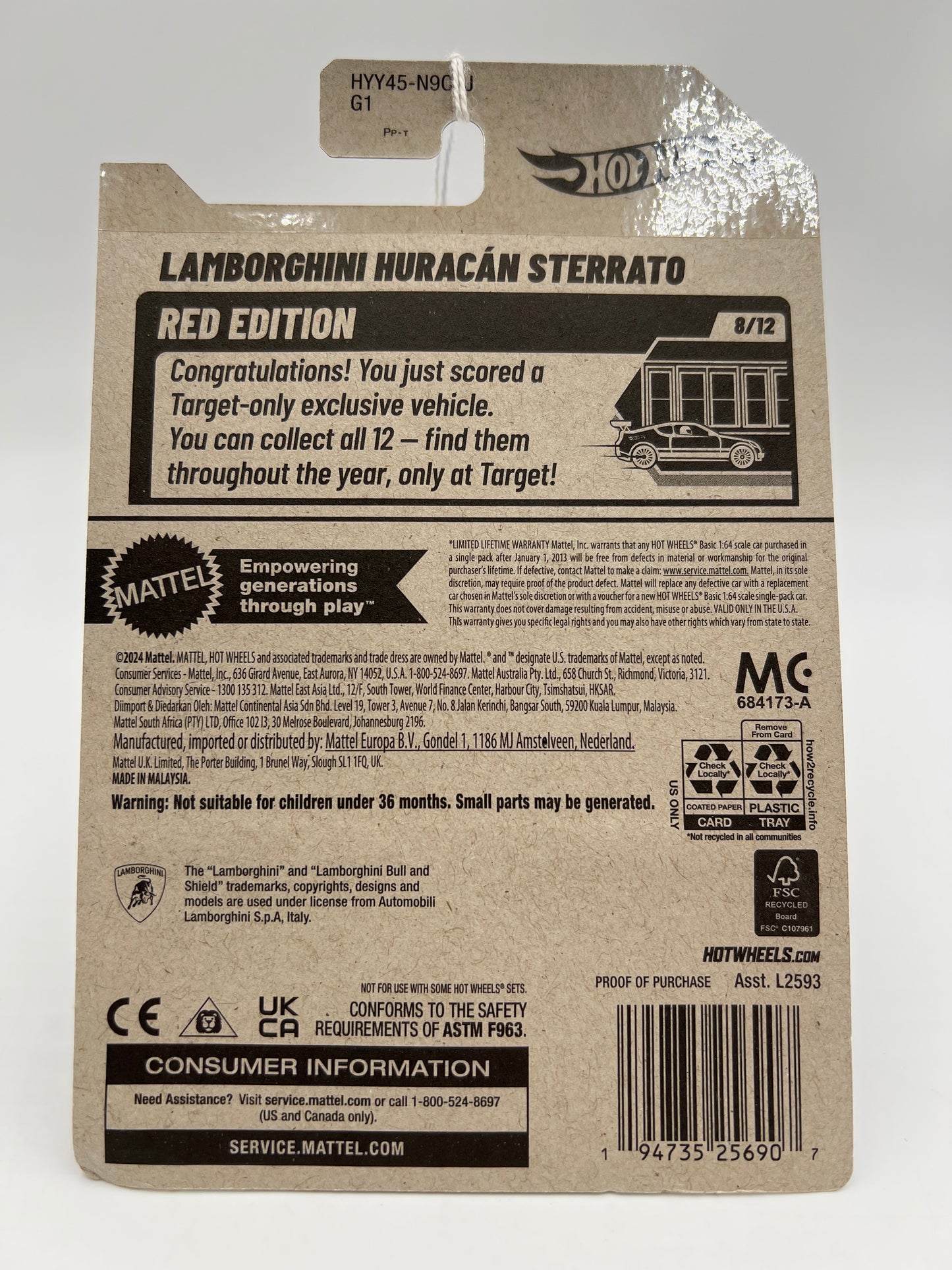 2025 Hot Wheels Target Exclusive Red Edition #41 Lamborghini Huracan Sterrato Black 149A