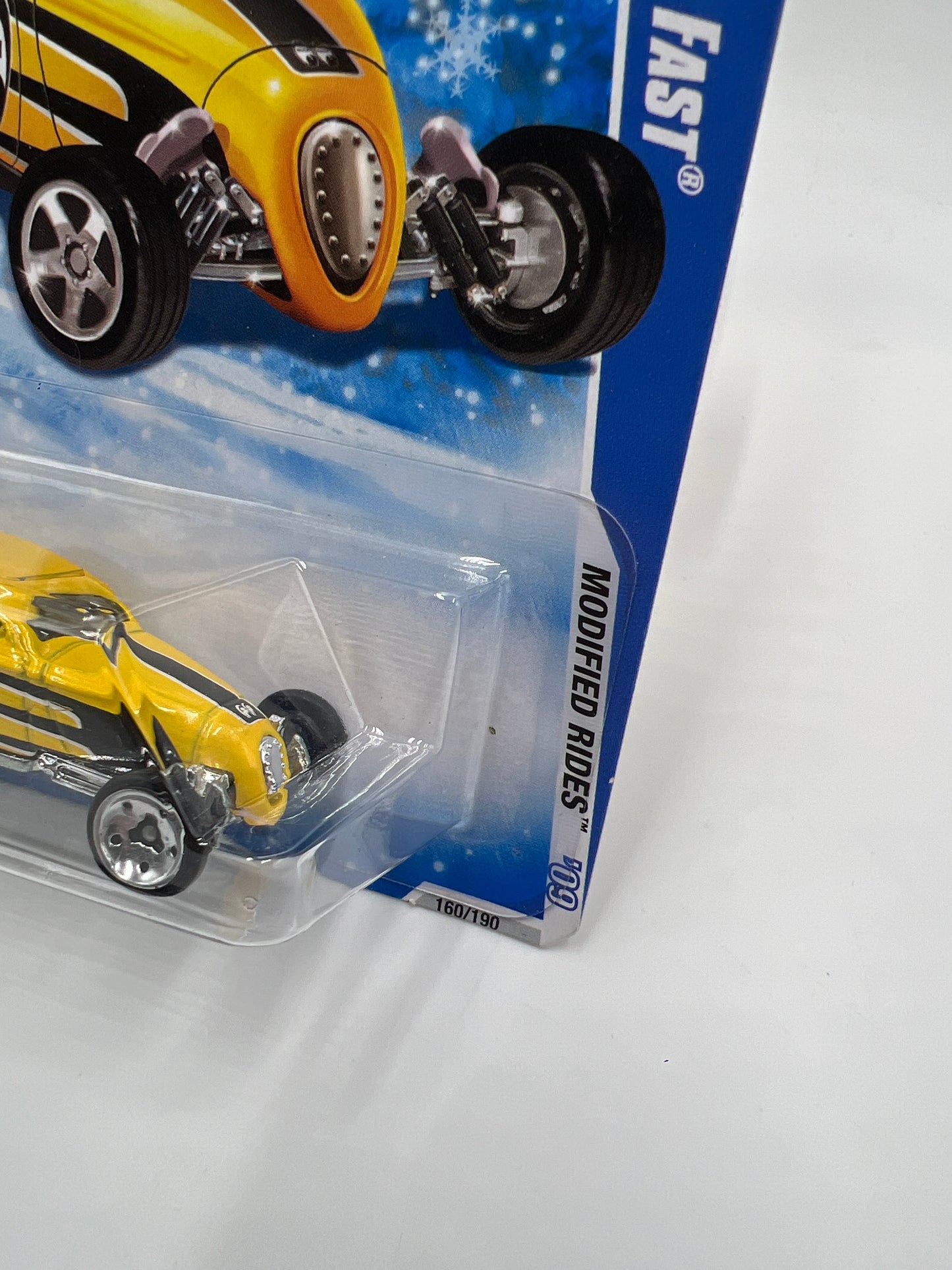 2009 Hot Wheels Target Exclusive Snowflake Card #160 Sooo Fast Yellow Mooneyes 240B