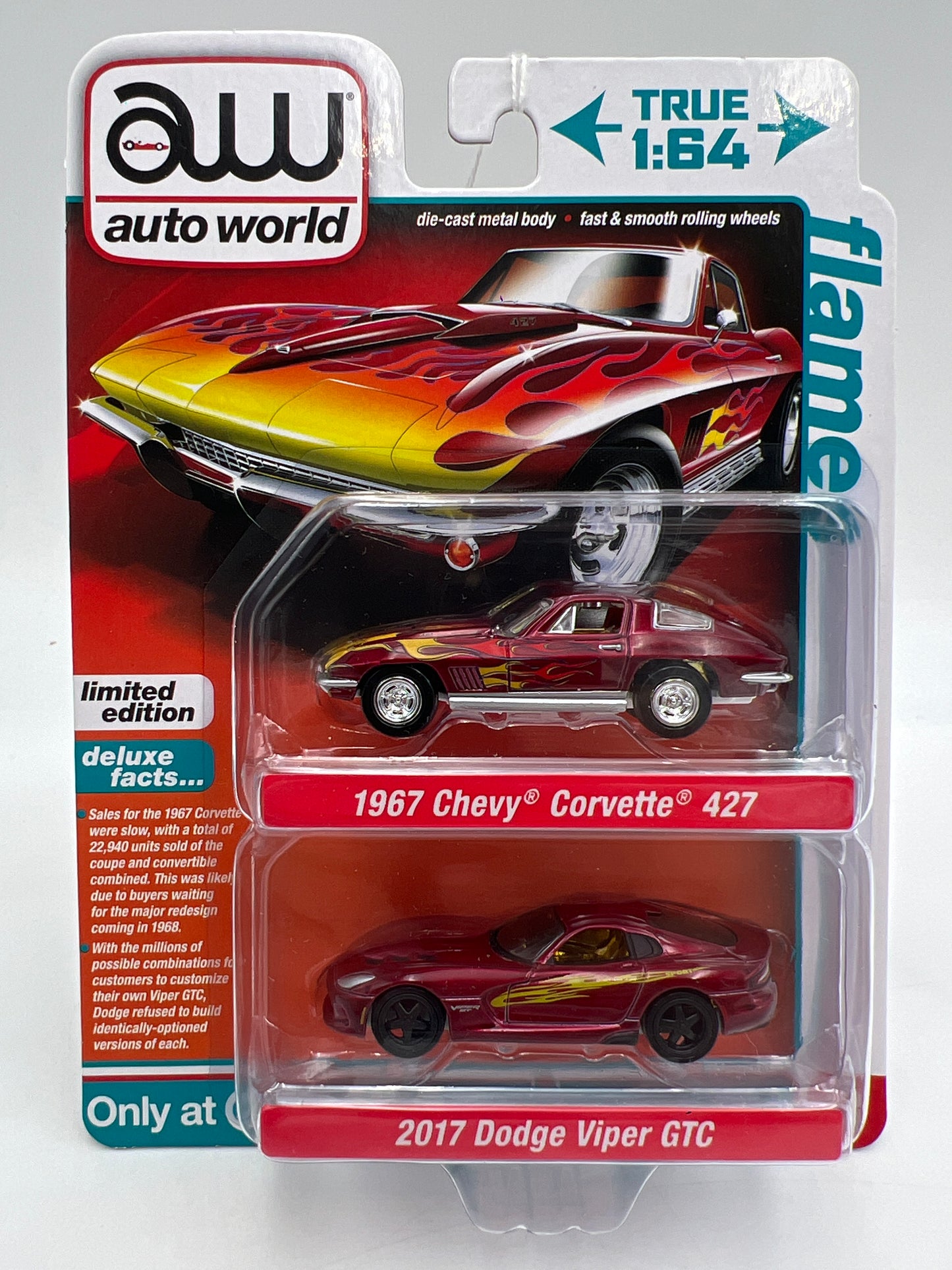 Auto World Target 2 Pack Ultra Red CHASE 1967 Chevy Corvette 427 & 2017 Dodge Viper GTC