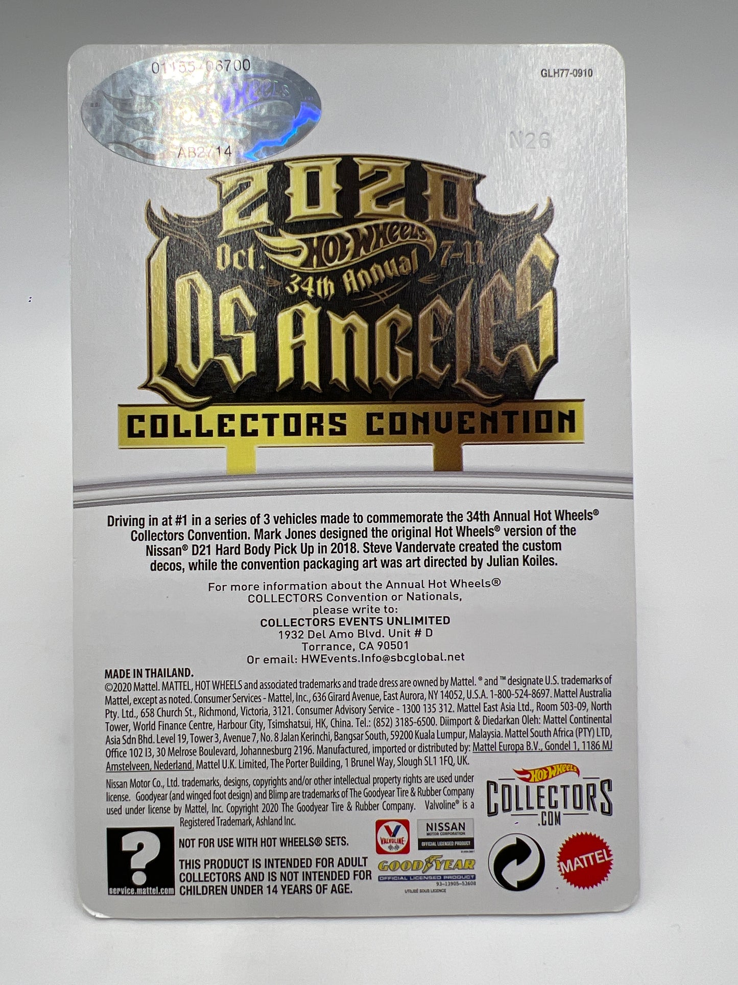 2020 Hot Wheels 34th Annual Collectors Convention #1155/6700 93 Nissan D21 Hard Body Custom White W/Protector