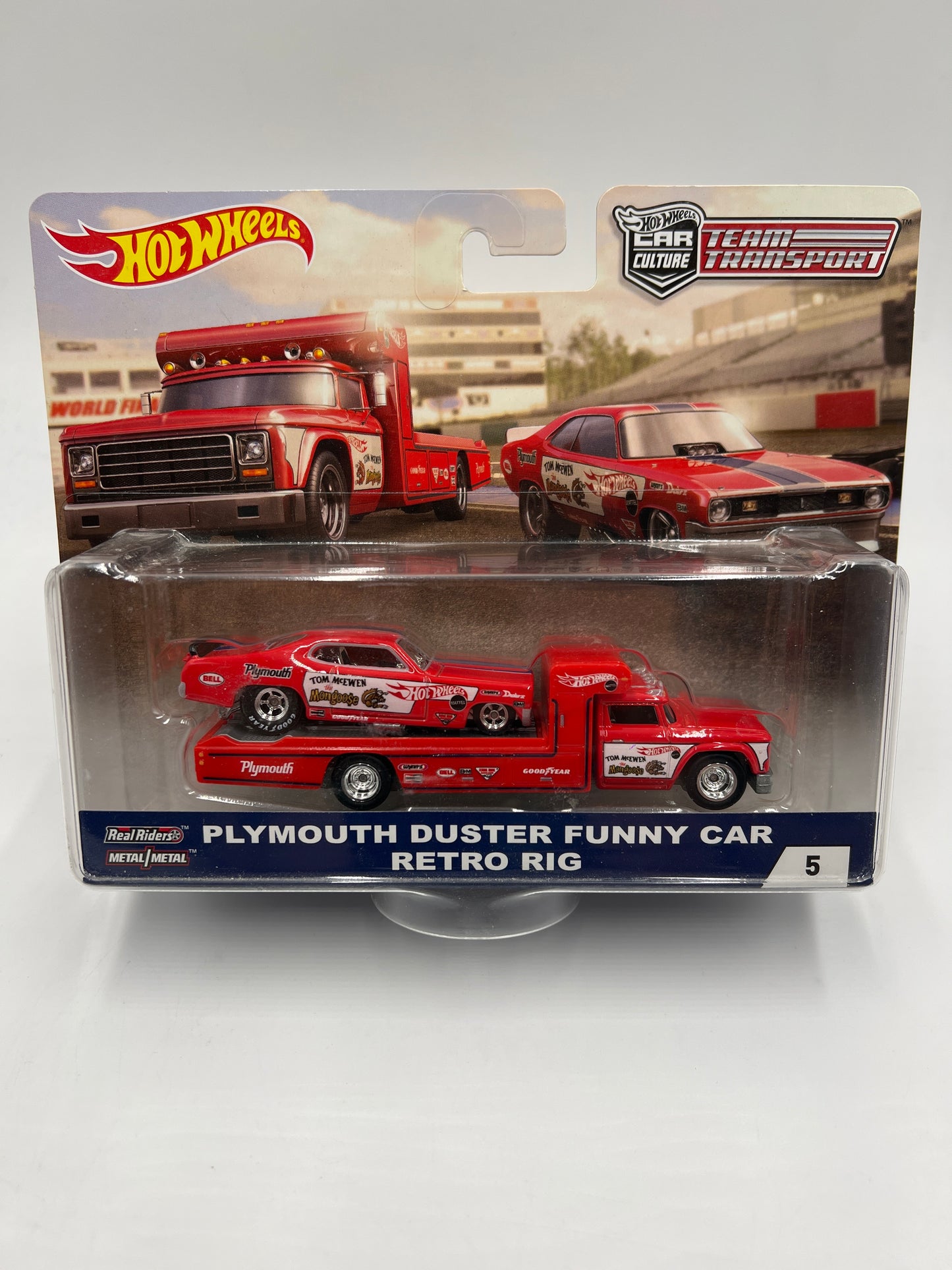 Hot Wheels Car Culture Team Transport #5 Plymouth Duster Funny Car Mongoose & Retro Rig W/Protector