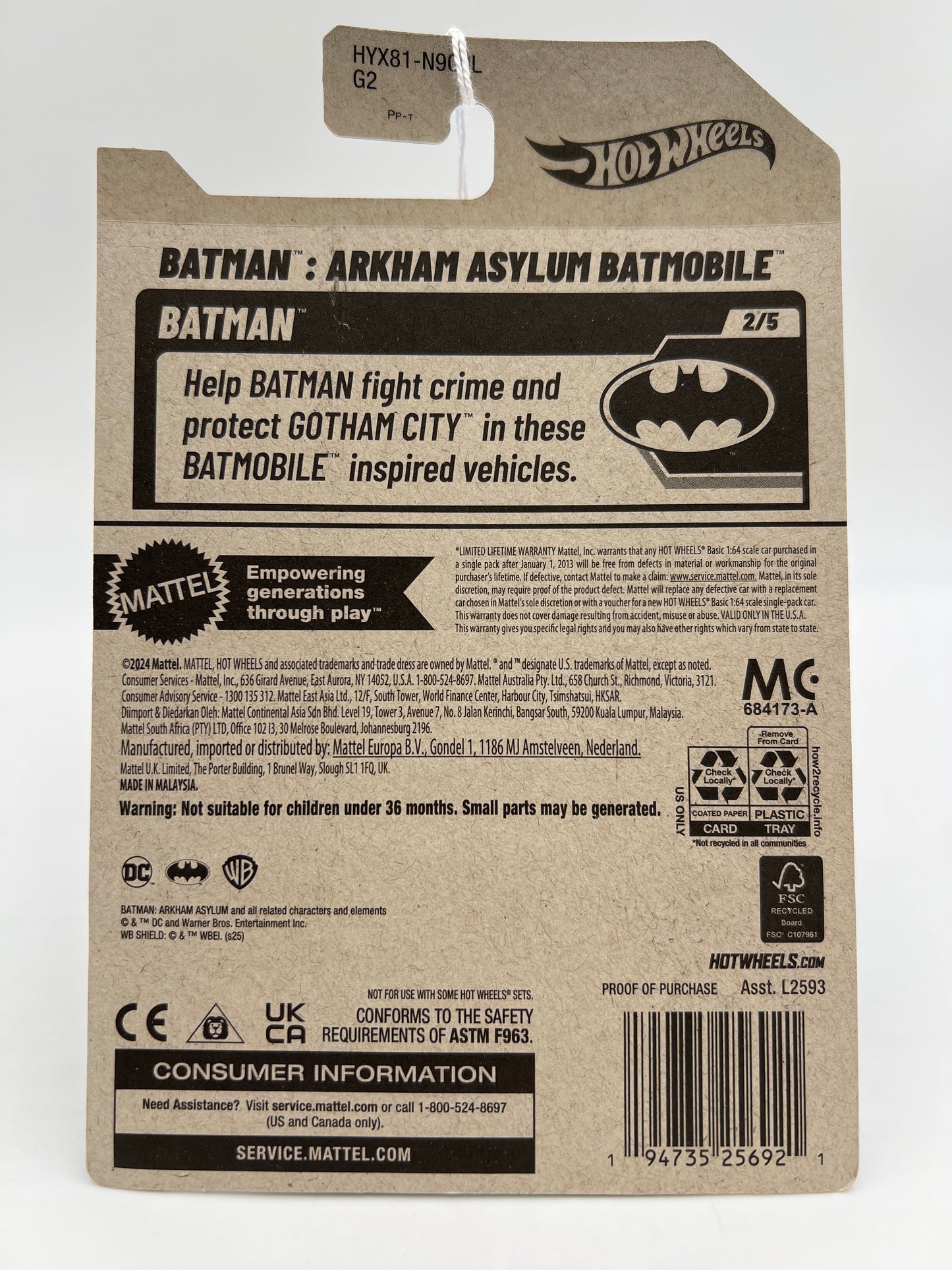 2025 Hot Wheels L Case Batman #54 Batman Arkham Asylum Batmobile Black 118D