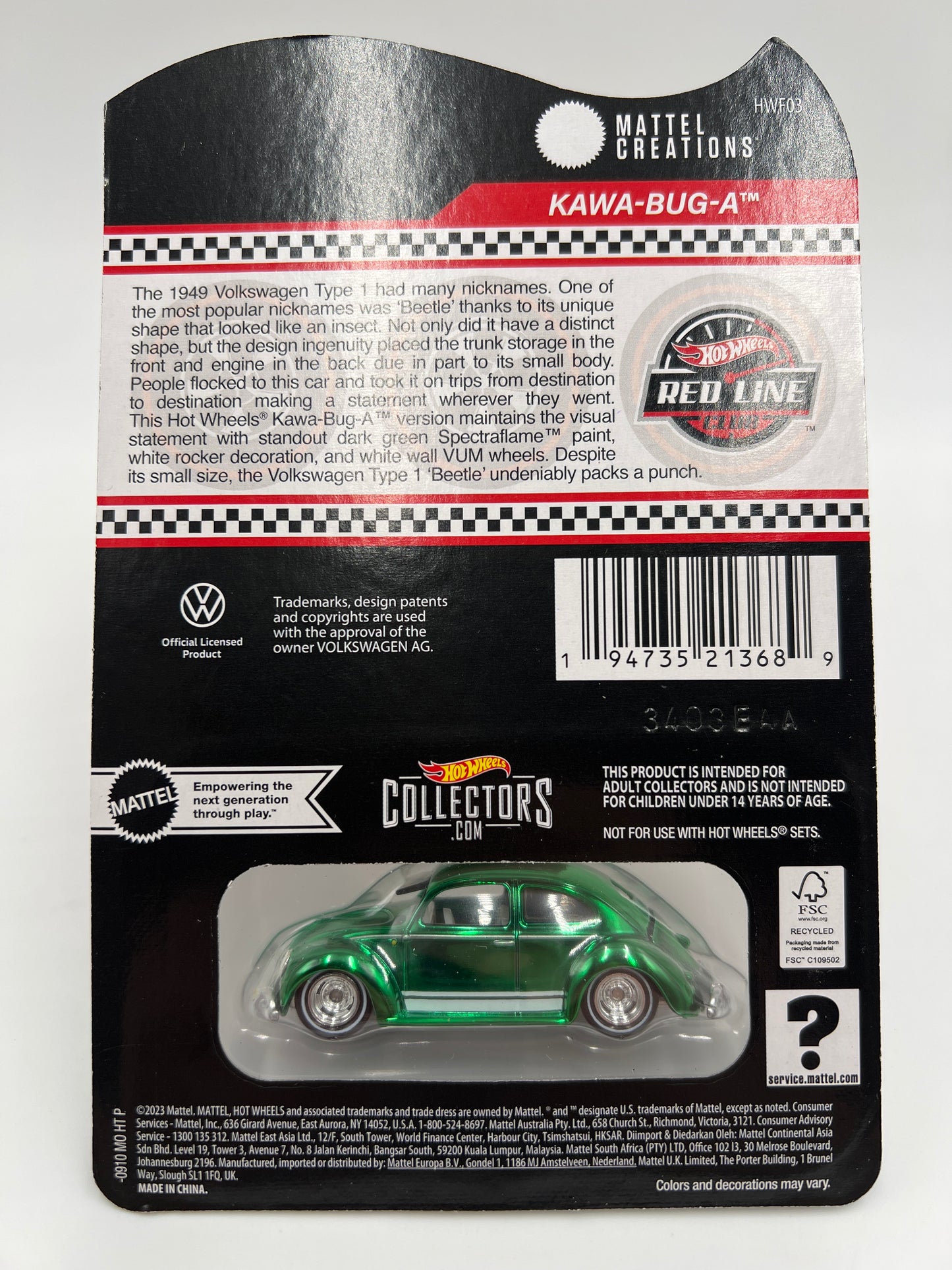 2024 Hot Wheels RLC Club Exclusive Kawa-Bug-A Green W/Protector W/Patch & Button