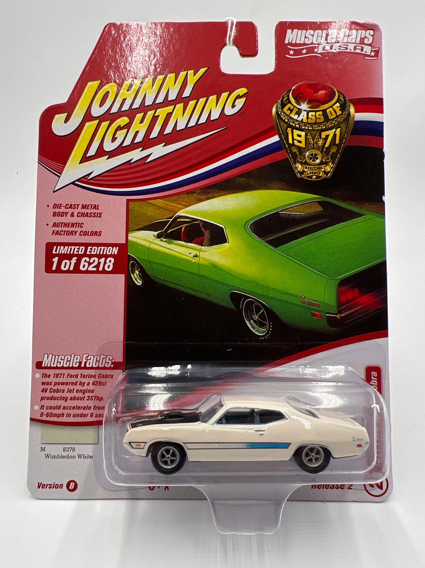 Johnny Lightning Muscle Cars U.S.A Class of 1971 Release 2 Version B 1971 Ford Torino Cobra Wimbledon White 232B