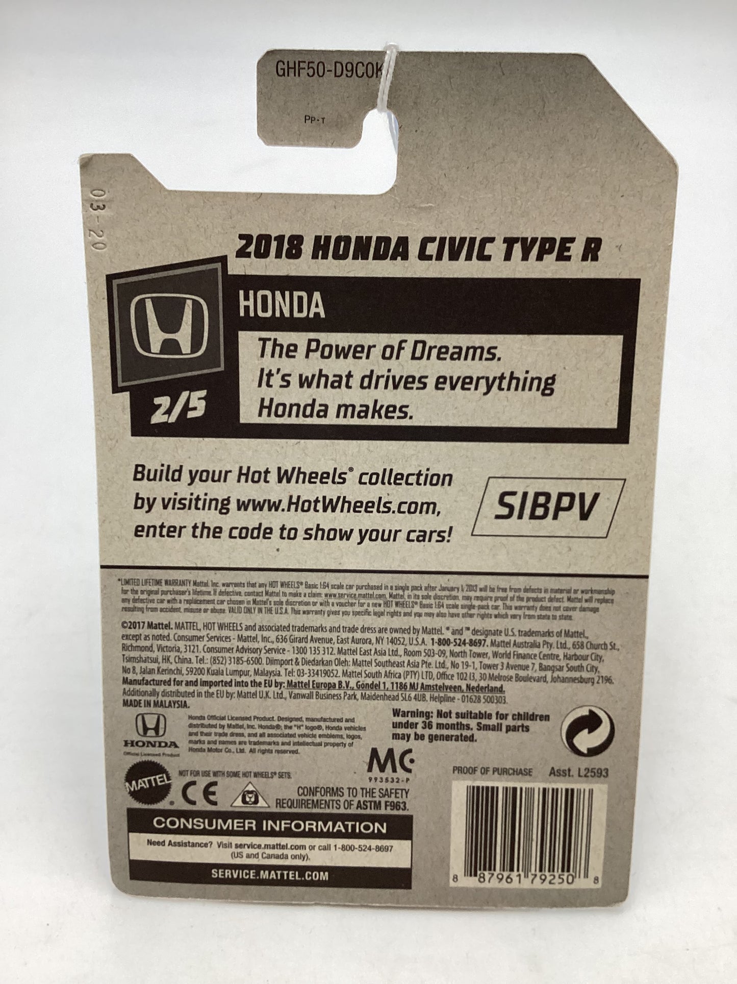 2020 Hot wheels #81 2018 Honda Civic Type R 77C