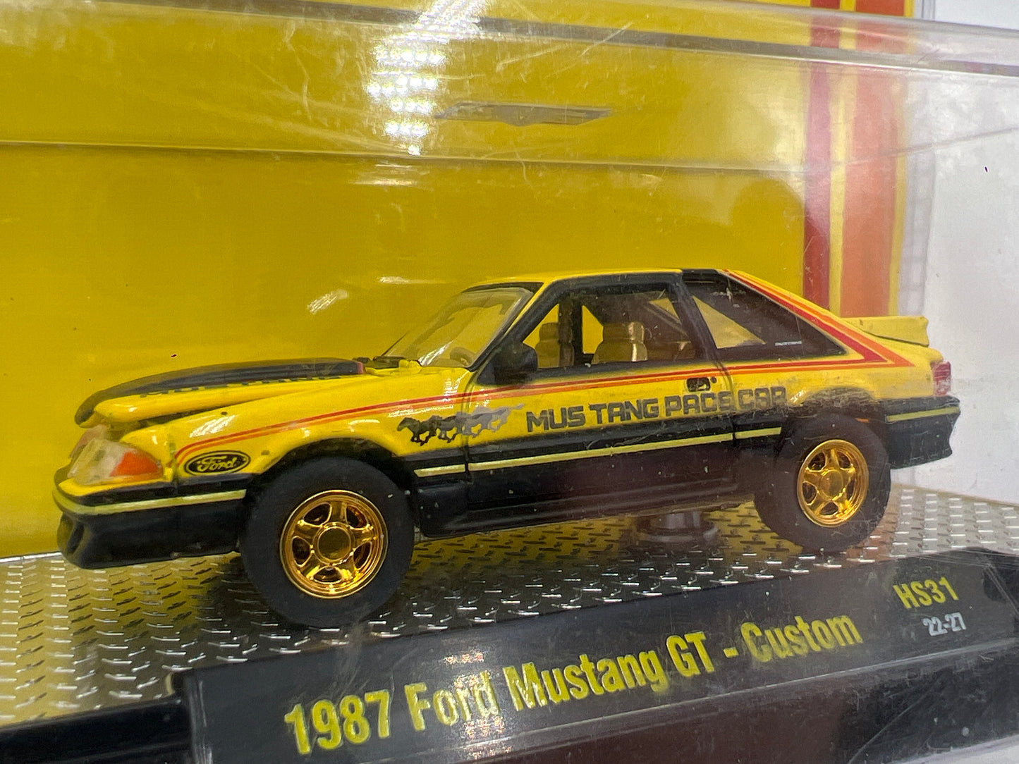 M2 Machines Hobby Exclusive CHASE Pace Car 1987 Ford Mustang GT Custom Yellow HS31