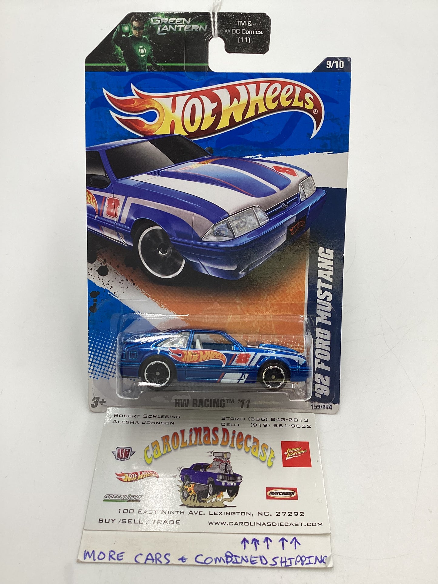 2011 Hot Wheels HW Racing #159 92 Ford Mustang Blue Green Lantern Card 19C