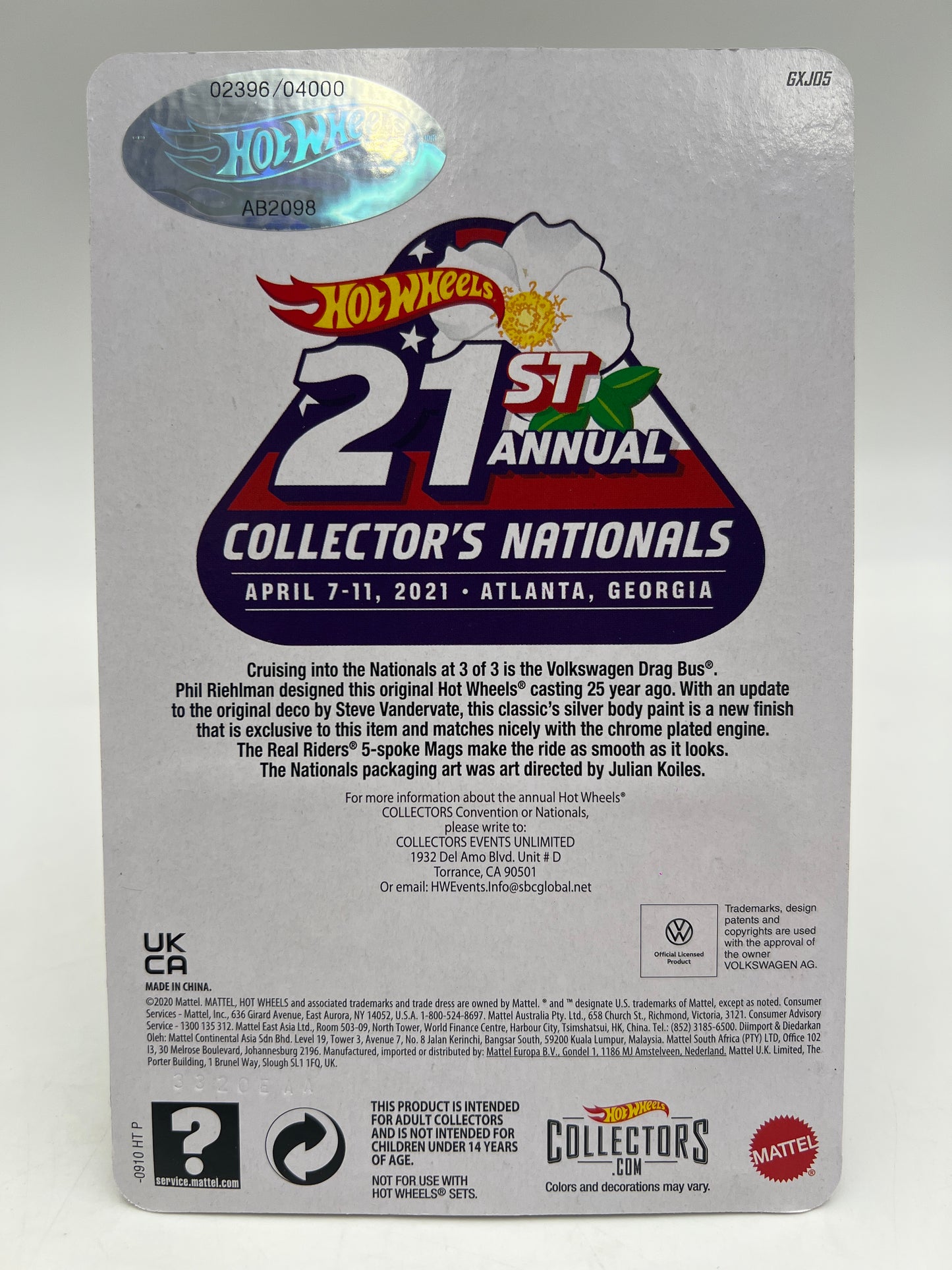 2021 Hot Wheels 21st Annual Collectors Nationals #2396/4000 Volkswagen Drag Bus W/Protector