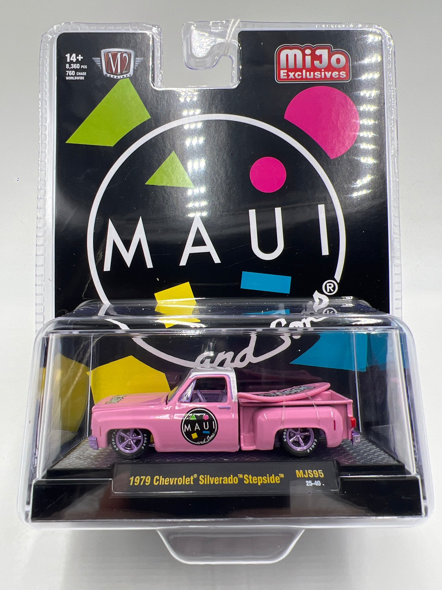 M2 Machines MiJo Exclusives MJS95 CHASE Maui And Sons 1979 Chevrolet Silverado Stepside Pink