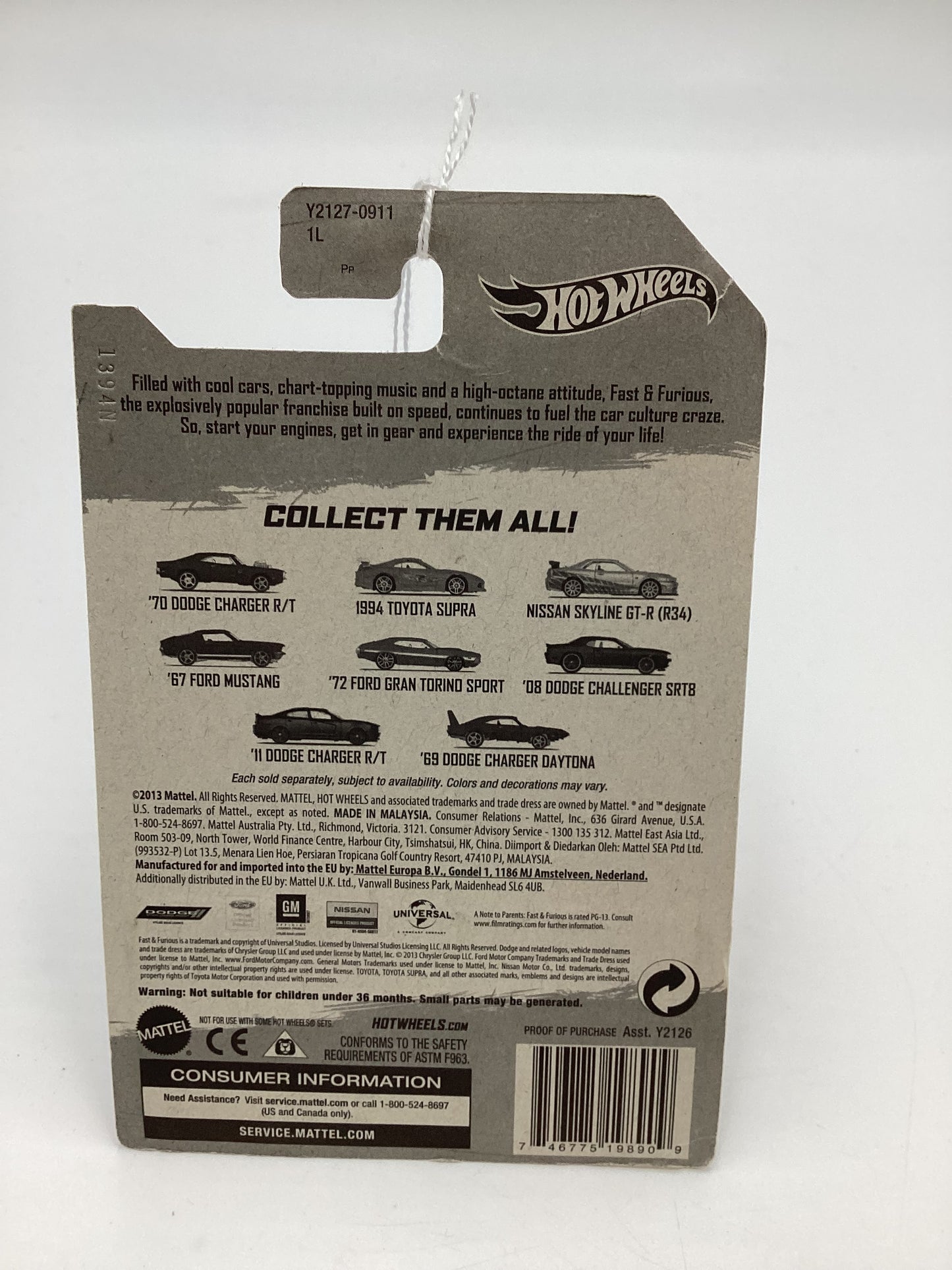 2013 Hot Wheels Fast and Furious #1 70 Dodge Charger R/T Black. Card Not Perfect 72F