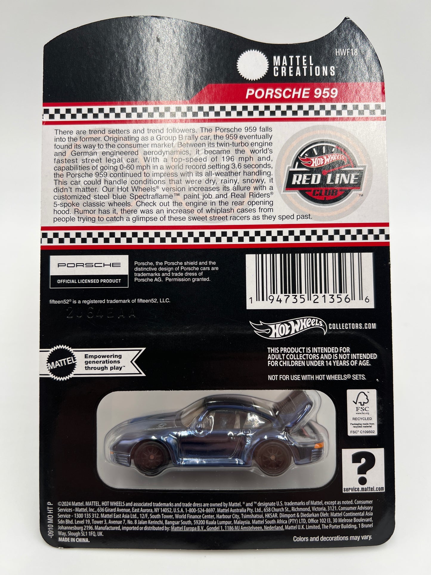 Hot Wheels RLC Porsche 959 Blue W/Protector