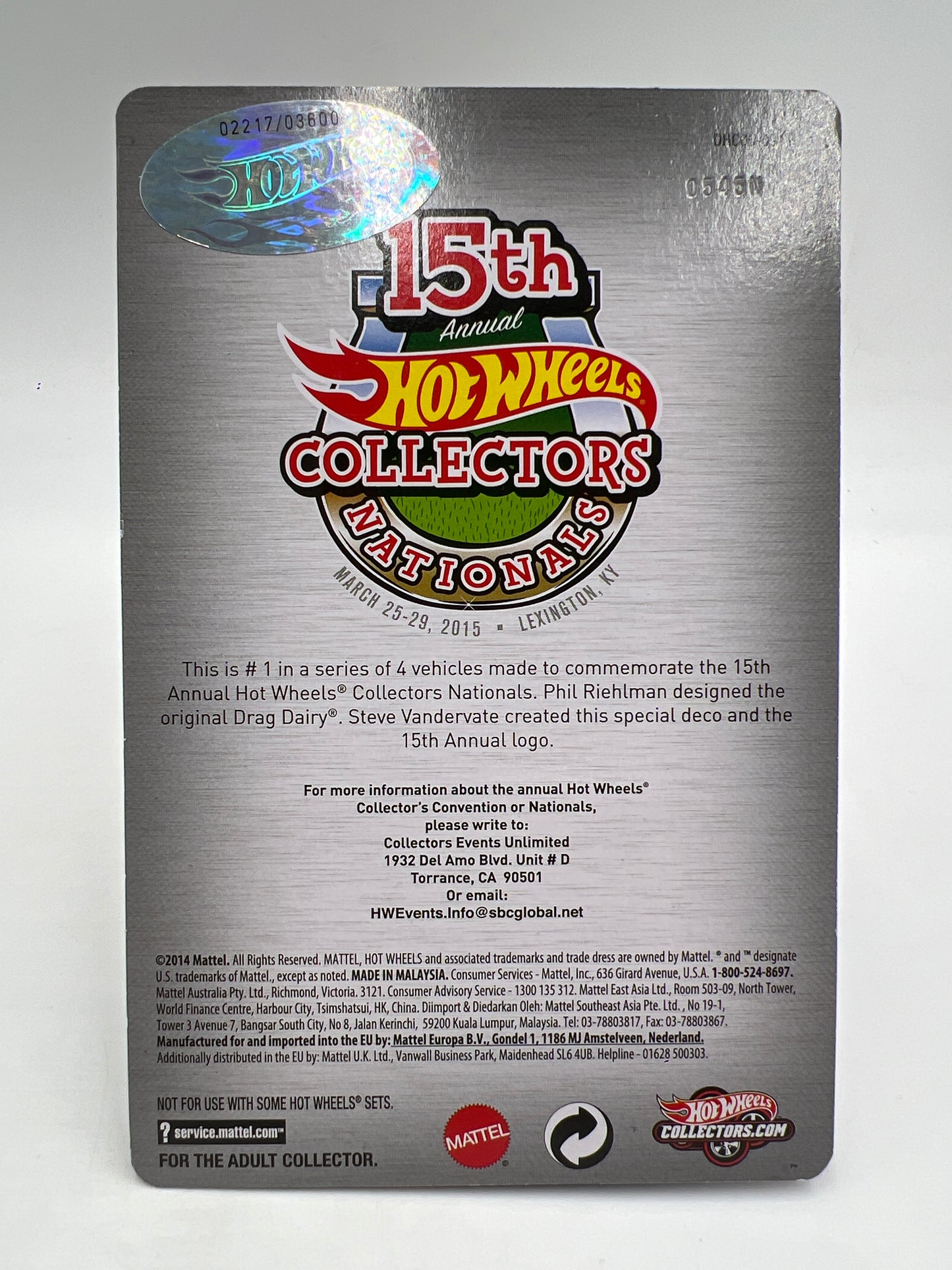 2015 Hot Wheels 15th Annual Collectors Nationals KY #2217/3600 Drag Dairy Pink W/Protector