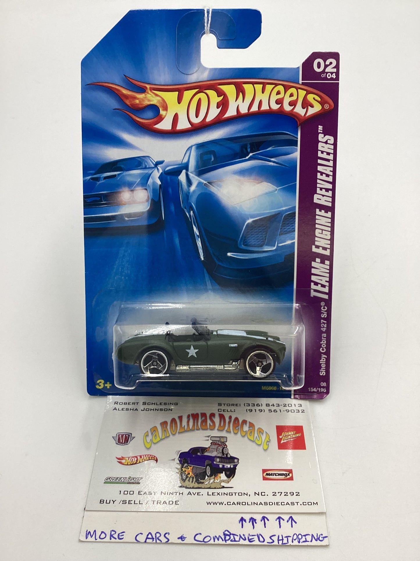 2008 Hot Wheels HW Team: Engine Revealers #154 Shelby Cobra 427 S/C Army Green opening hood 33E