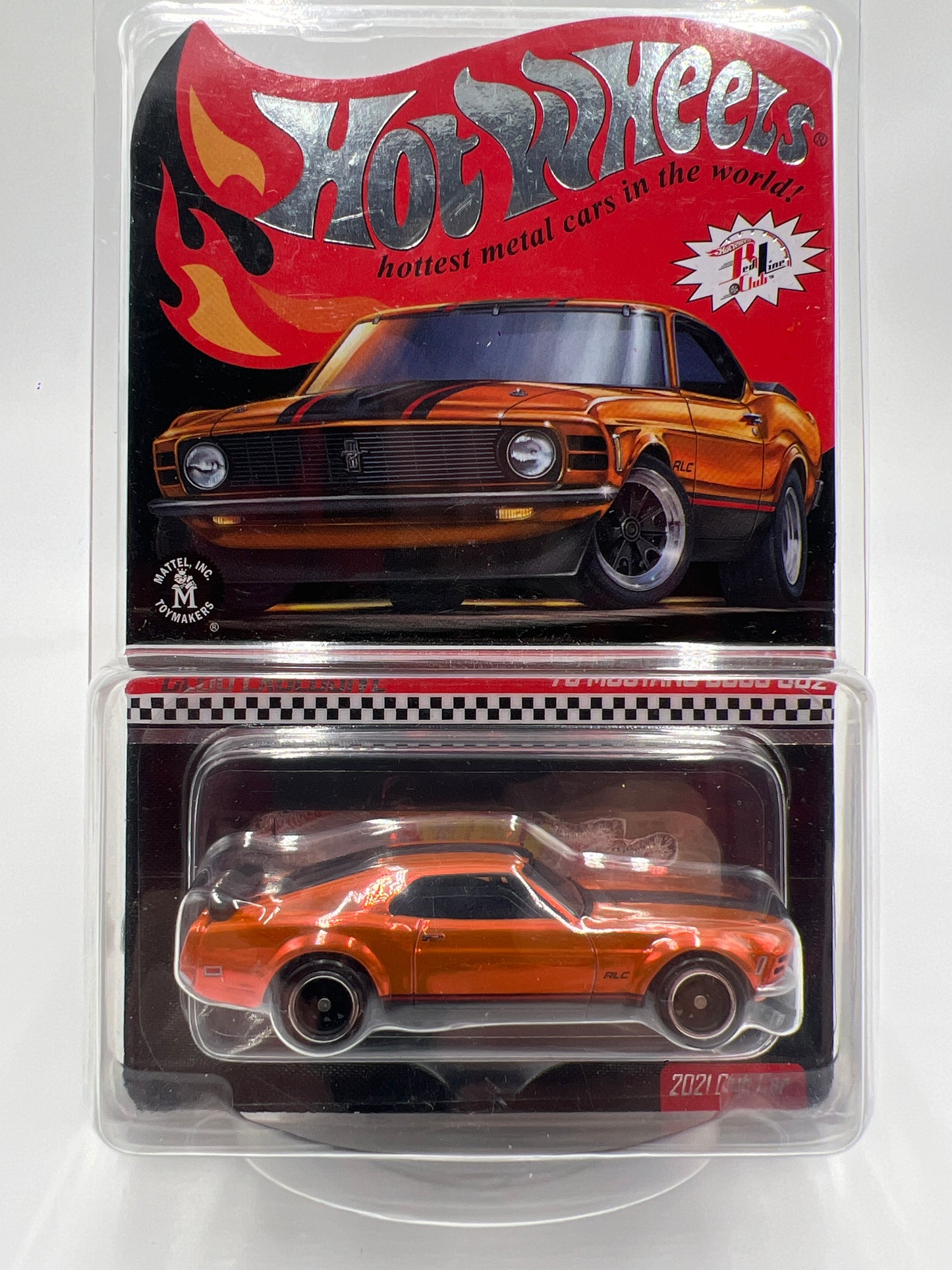 2021 Hot Wheels RLC Club Car 70 Mustang Boss 302 Orange Club In Protector W/Patch & Button