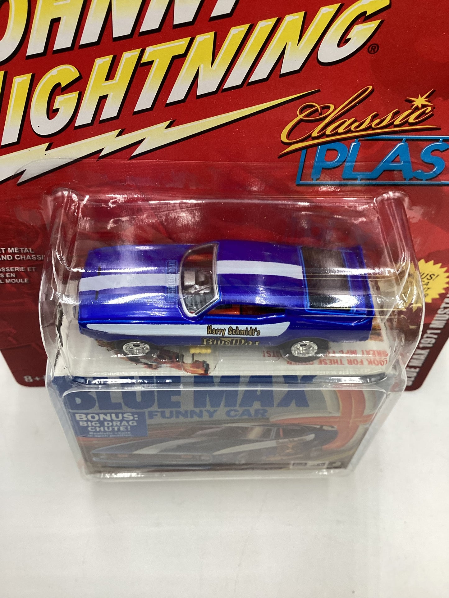 Johnny lightning Classic Plastic #8 Blue Max 71 Mustang Funny Car 231D