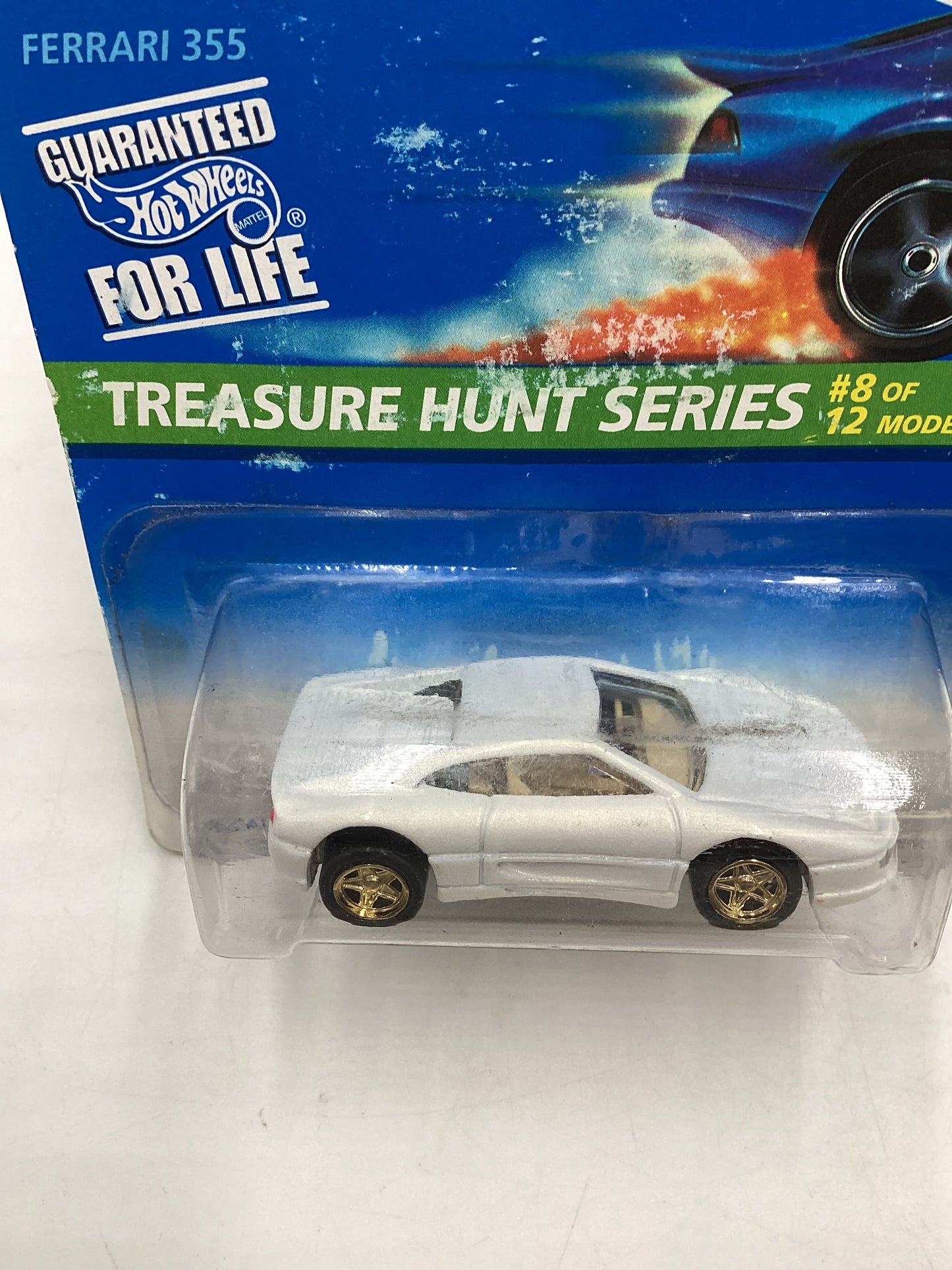 1996 Hot Wheels Treasure Hunt Series 8/12 Ferrari 355 White #435 *Bad Card* W/Protector