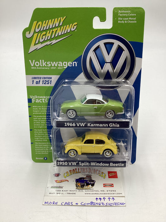 Johnny Lightning 2 Pack 1/1251 1966 VW Karmann Ghia Green 1950 VW Split Window Beetle Yellow with protector