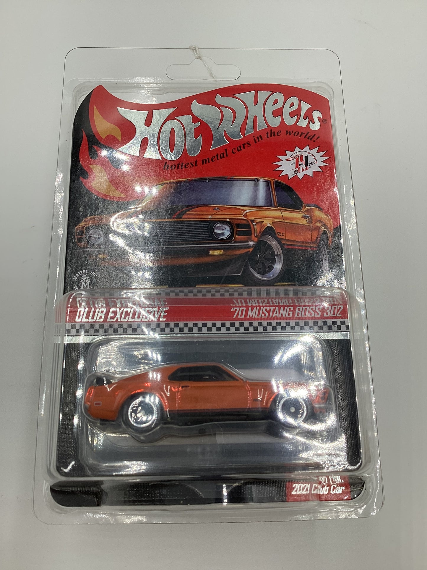 2021 Hot Wheels RLC 70 Mustang Boss 302 Boss Orange Club car with patch and button with protector